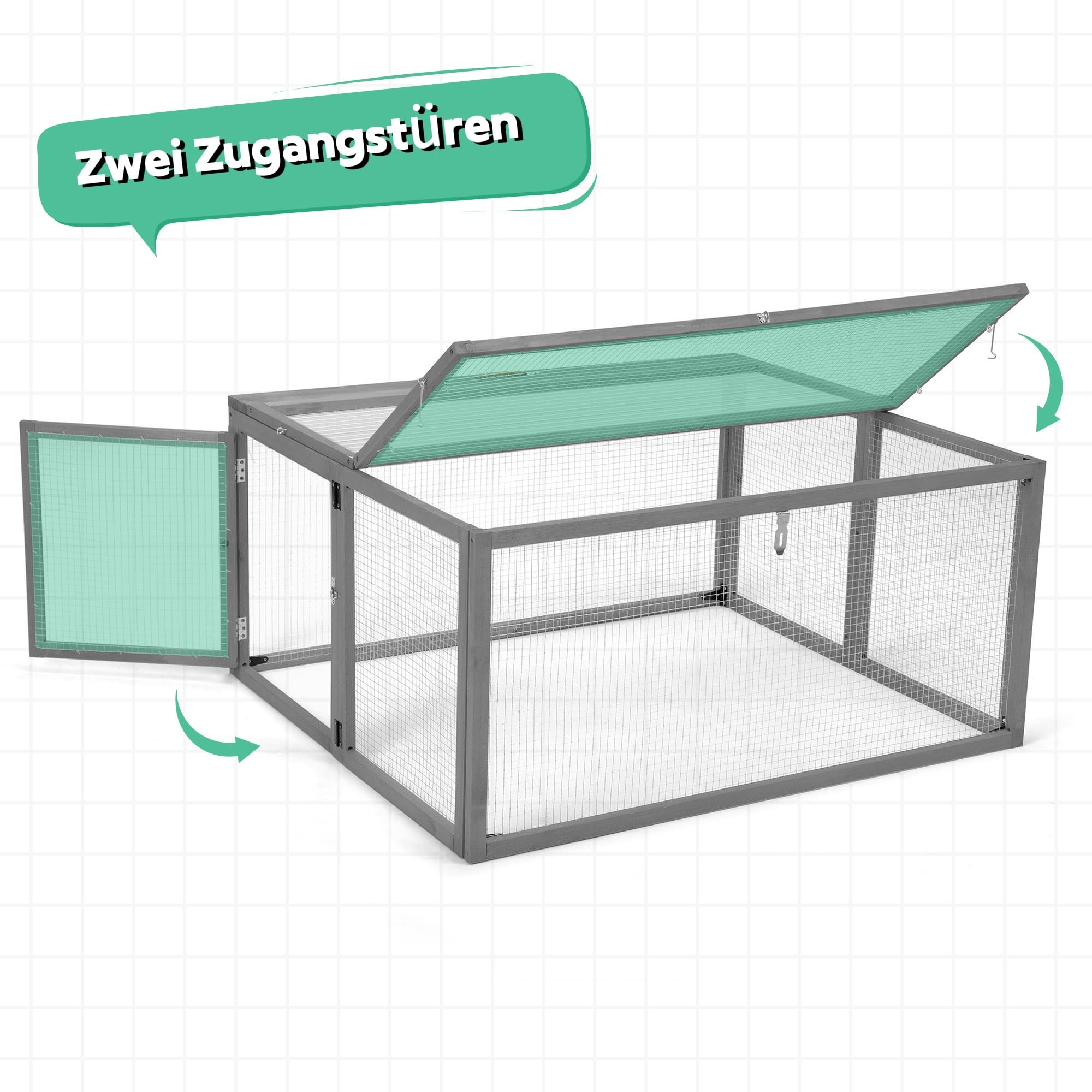 Kaninchenstall, Klappbarer Freilaufgehege aus Holz mit Sonnenplatte & Drahtgitter, 110x94x54 cm, Wetterfest für Kaninchen & Meerschweinchen im Außenbereich