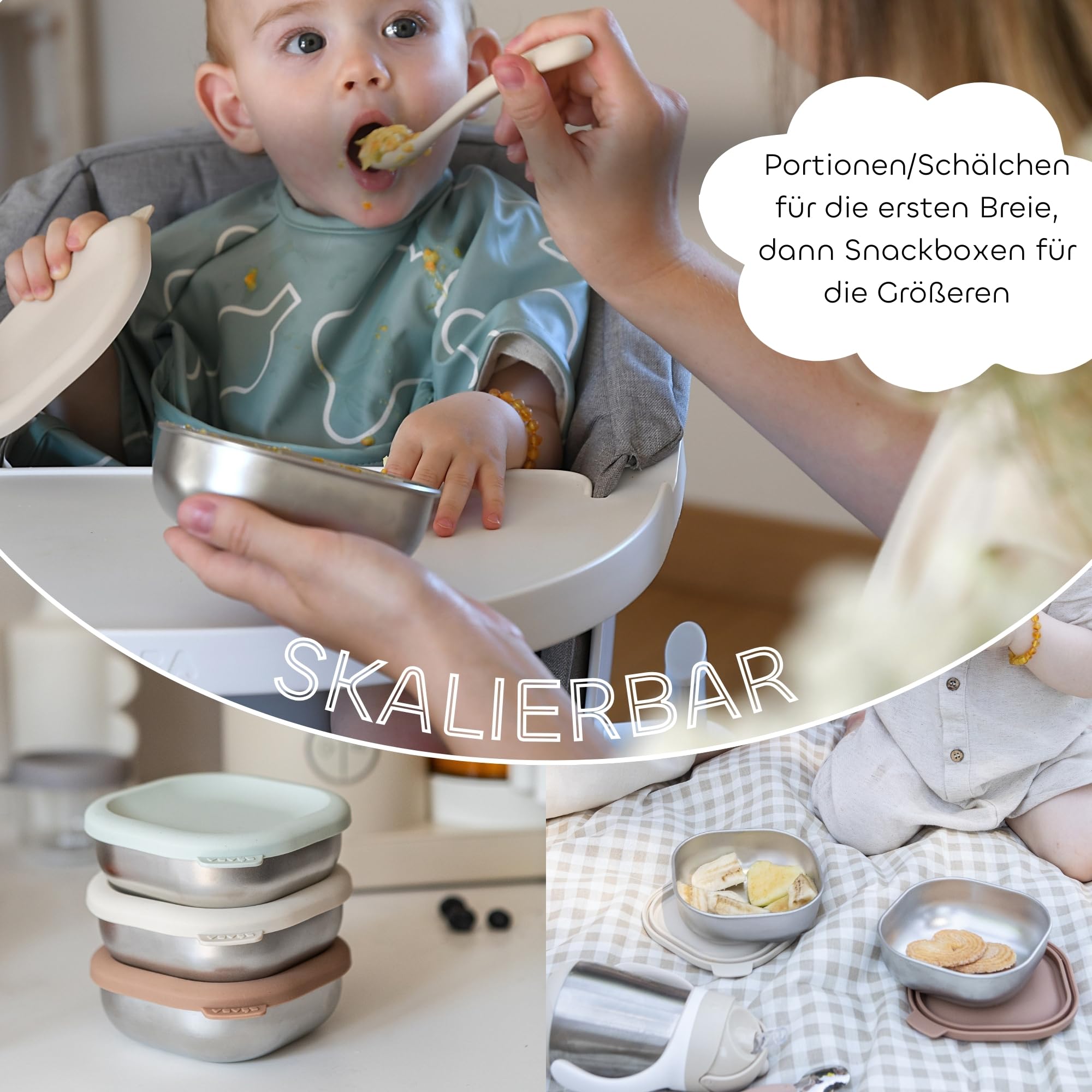 BÉABA Edelstahl-Babybreibehälter Set – Hermetische & Bruchsichere Aufbewahrungsdosen, Mikrowellen- & Gefriergeeignet, BPA-frei, Geruchslos, Wiederverwendbar & Tragbar – Natural Set