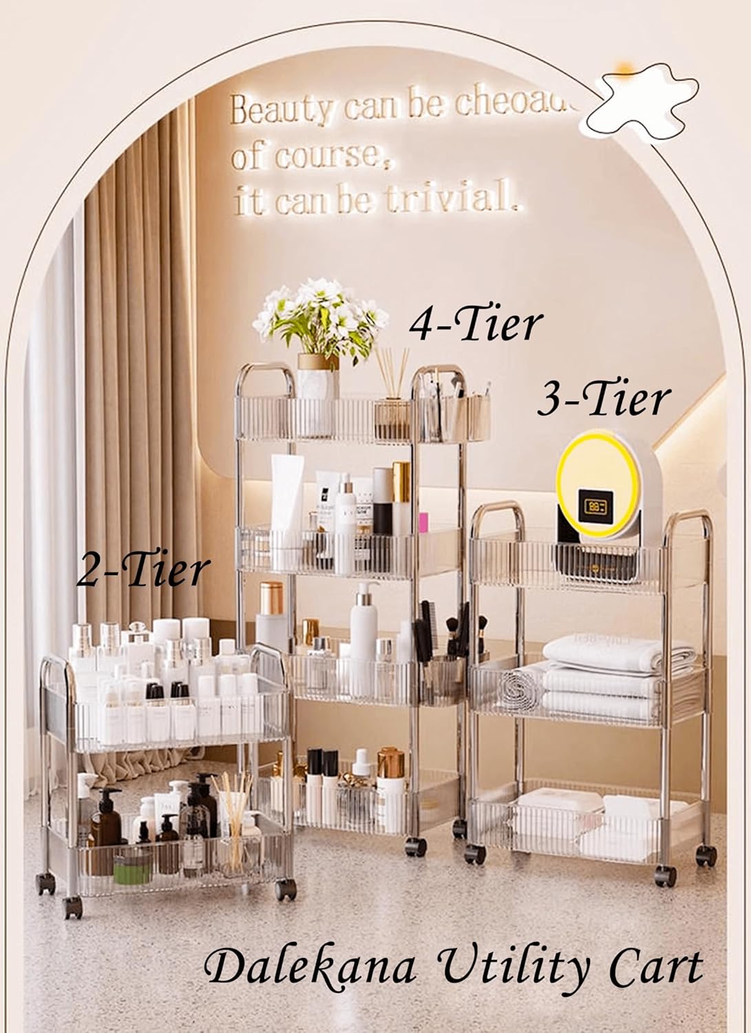 4-Tier Plastic Clear Rolling Utility Cart with Wheels, Lightweight-Usage Multifunctional Storage Organizer Cart for Home, Office, Kitchen & Bathroom, 8.2”W * 13”L * 35.8”H