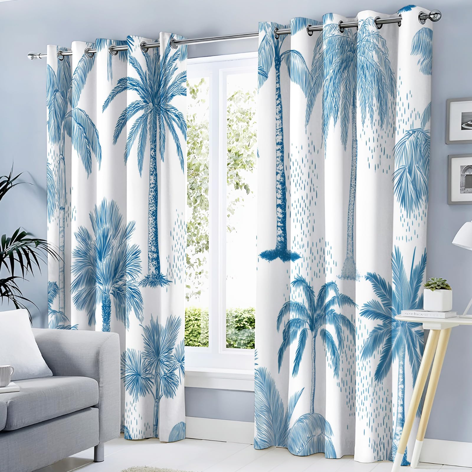 Rideaux salon 140x225 motif palmiers linéaires bleu ciel pour decoration de fenetre