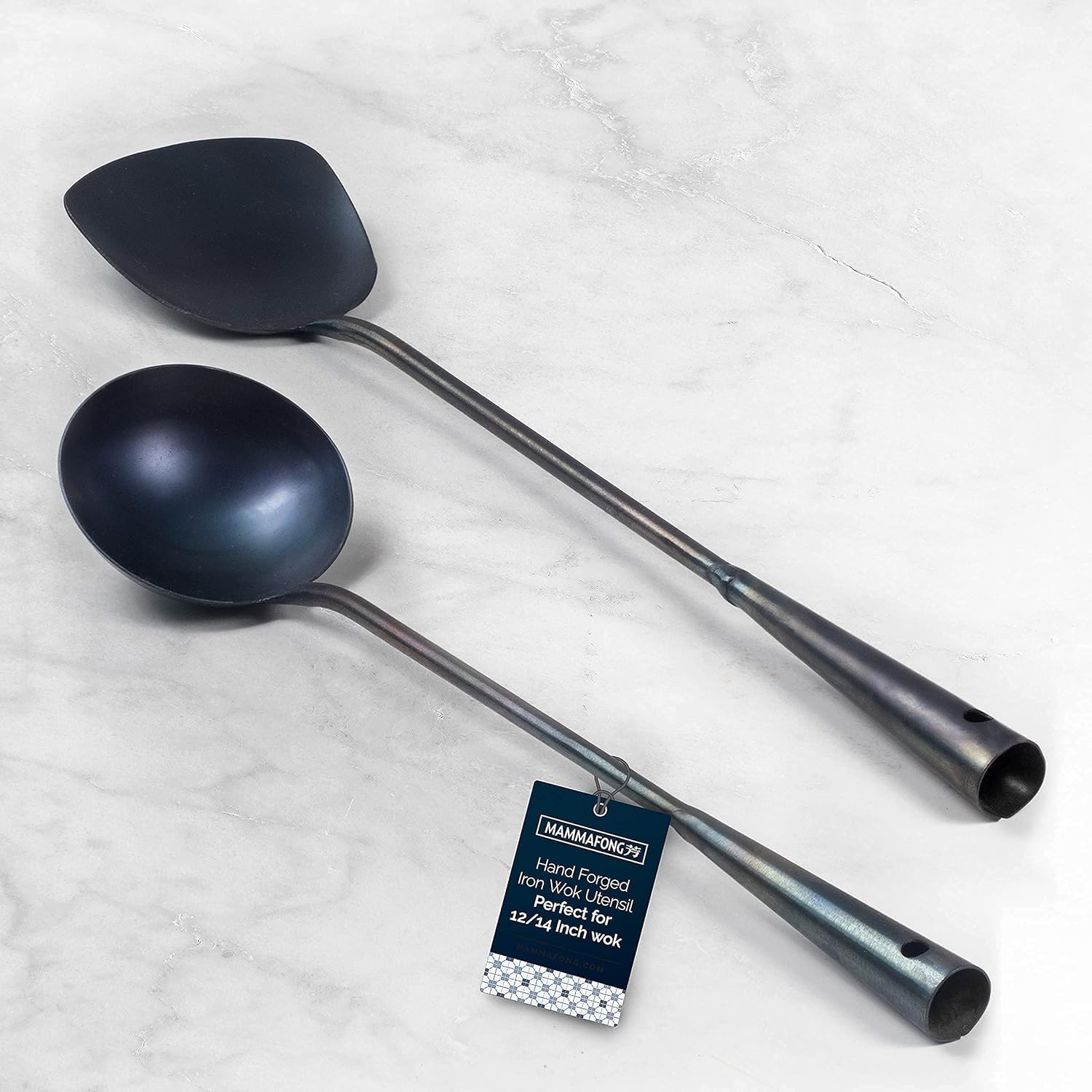 Mammafong Flat Bottom 14-inch Traditional Wok with Pre-seasoned spatula & ladle - Authentic hand craft wok and utensil set