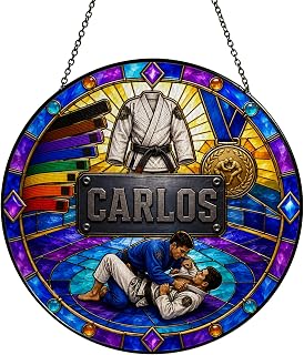 Jiu Jitsu Glass Suncatcher, Personalized Name Window Hanging Decor | Window hanging keepsake for jiu jitsu practitioner, inspired by gi, mat, and favorite hobby memories.