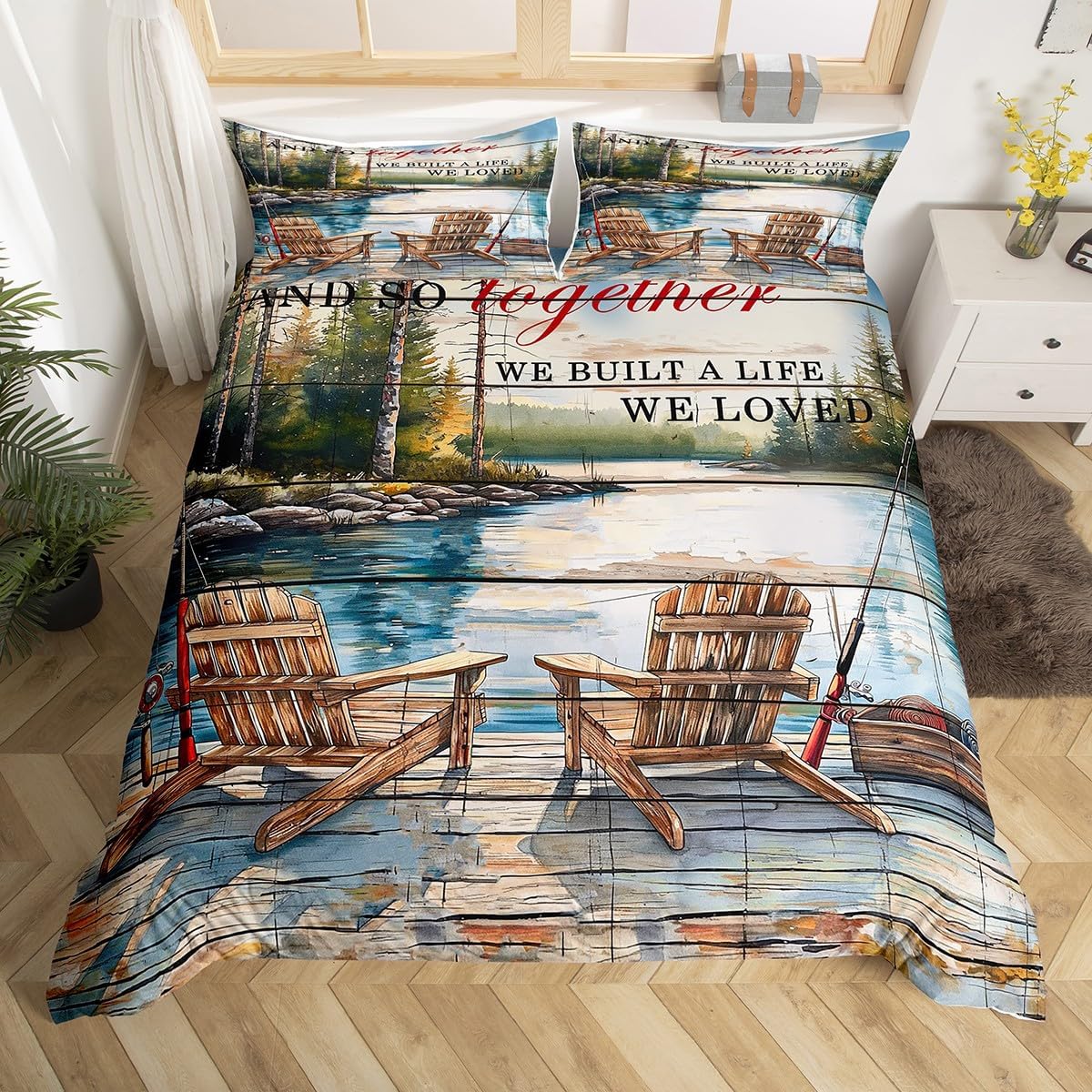 Lake House Decor Duvet Cover Set Queen Size,Fishing and Camping Bedding Set,Rustic Farmhouse Old Wooden Comforter Cover for Kids Teens Adult Room Decor,Vintage Watercolor Lake View Quilt Cover 3Pcs