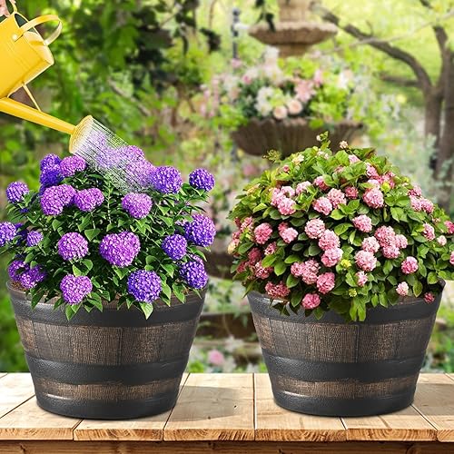 Miniatura 6 de YI Paquete de 4 macetas de jardín de barril de whisky de 13 pulgadas de resina de roble rústico para macetas de interior y exterior