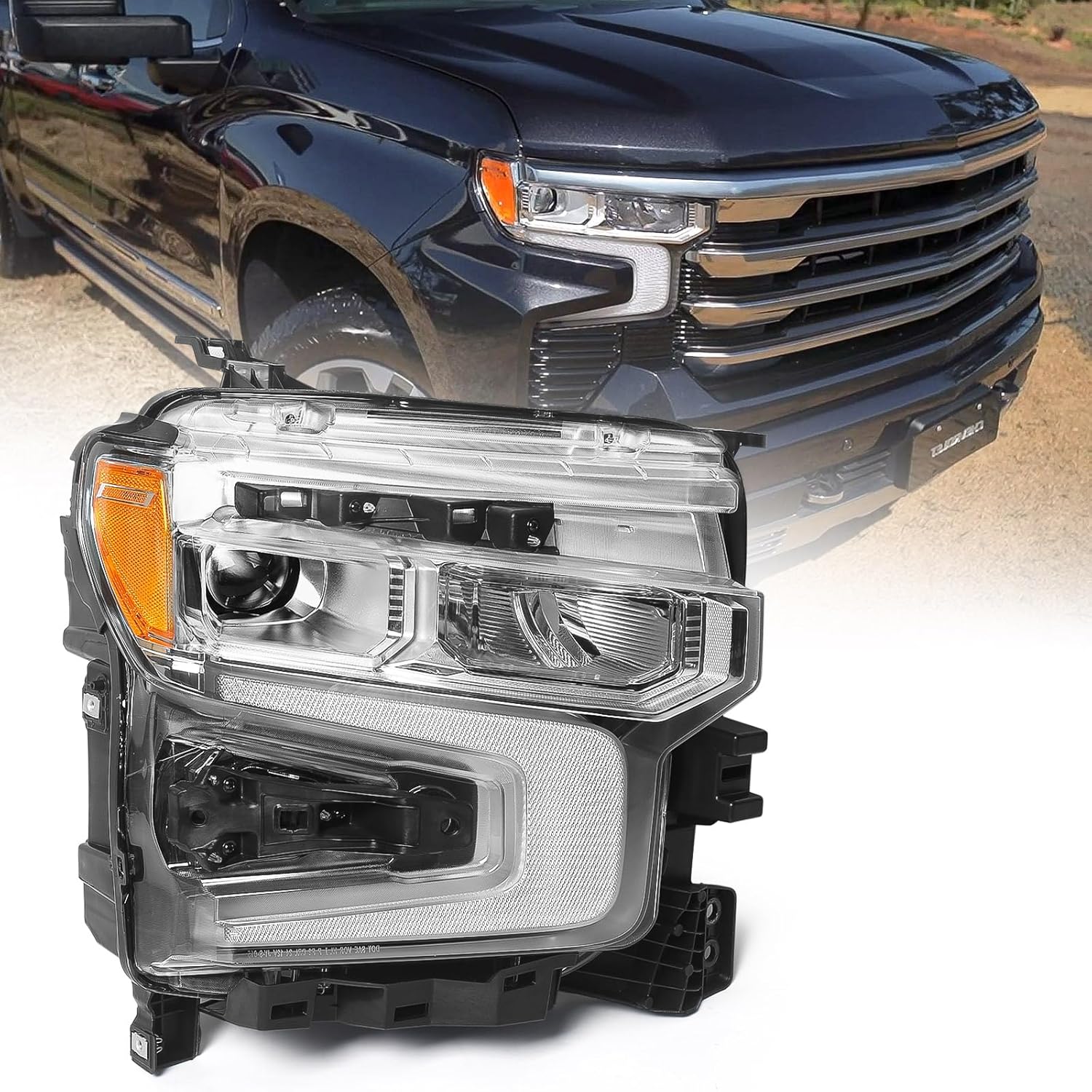 LED Headlight Compatible with Chevy Silverado 1500 2022 2023 2024 LTZ/High Country Model/RST Model W/LED DRL Head Light Lamp Chrome Bezel 87828578 87828577 Right Passenger Side