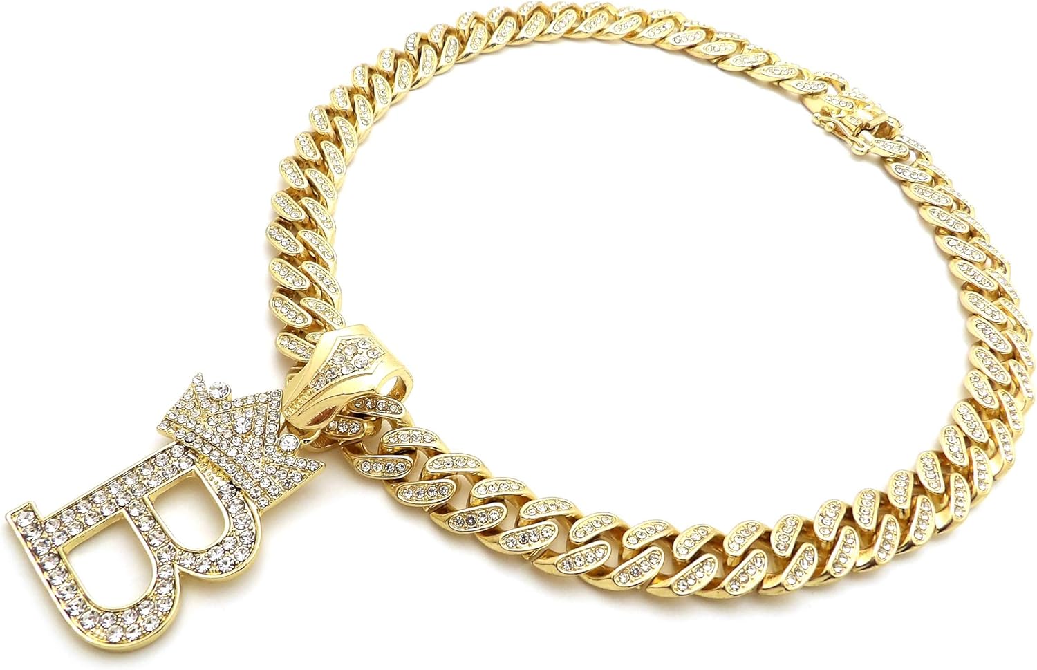 Hip Hop Alphabet Initial B CZ Pendant & 13mm 20" Full Iced Box Lock Cuban Chain Gold Plated Necklace - Image 5