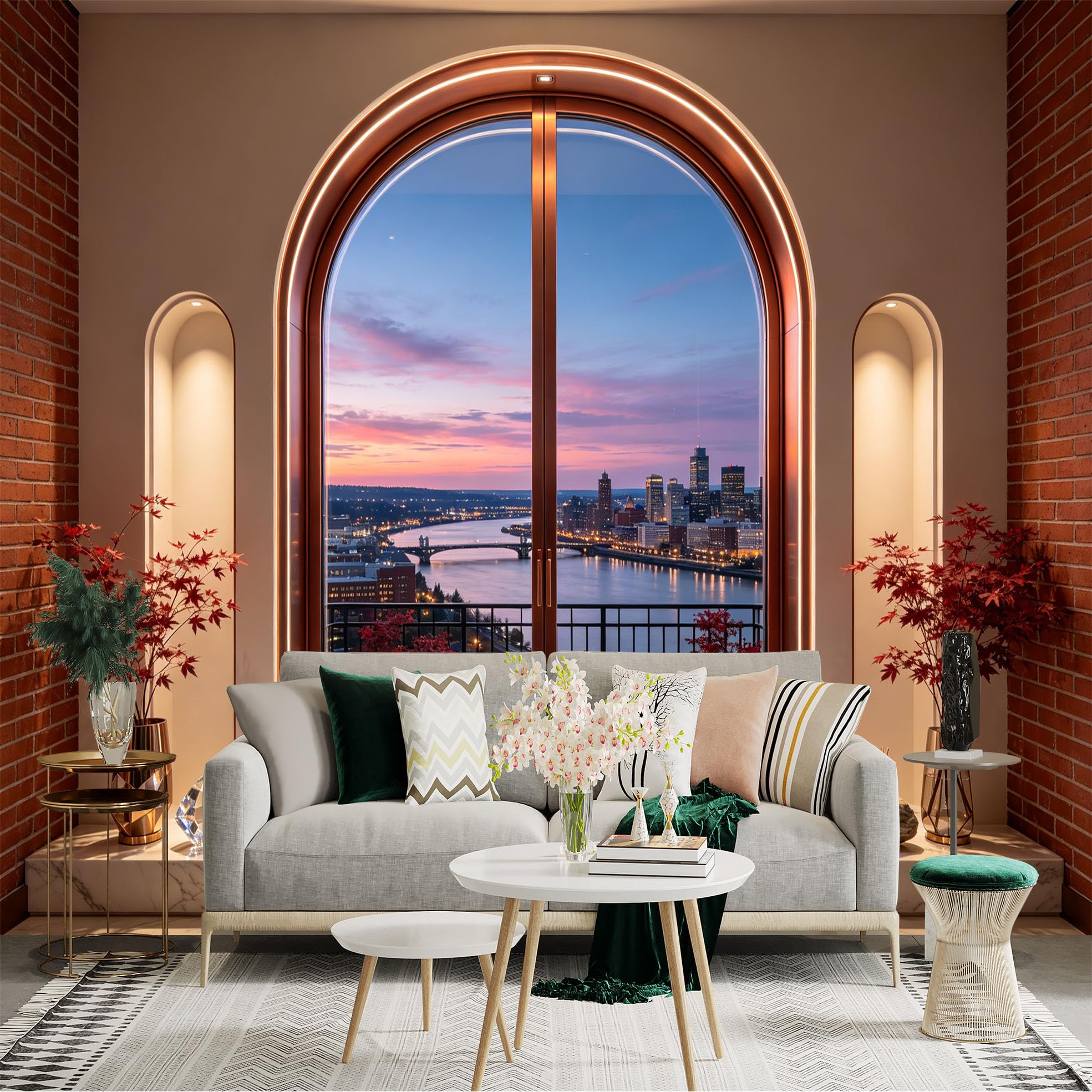 Custom Size Wall Sticker Mural， Sunset City River View Through Arch Window， Modern Balcony Skyline， for wall Decoration， peelandstick wall Decals.