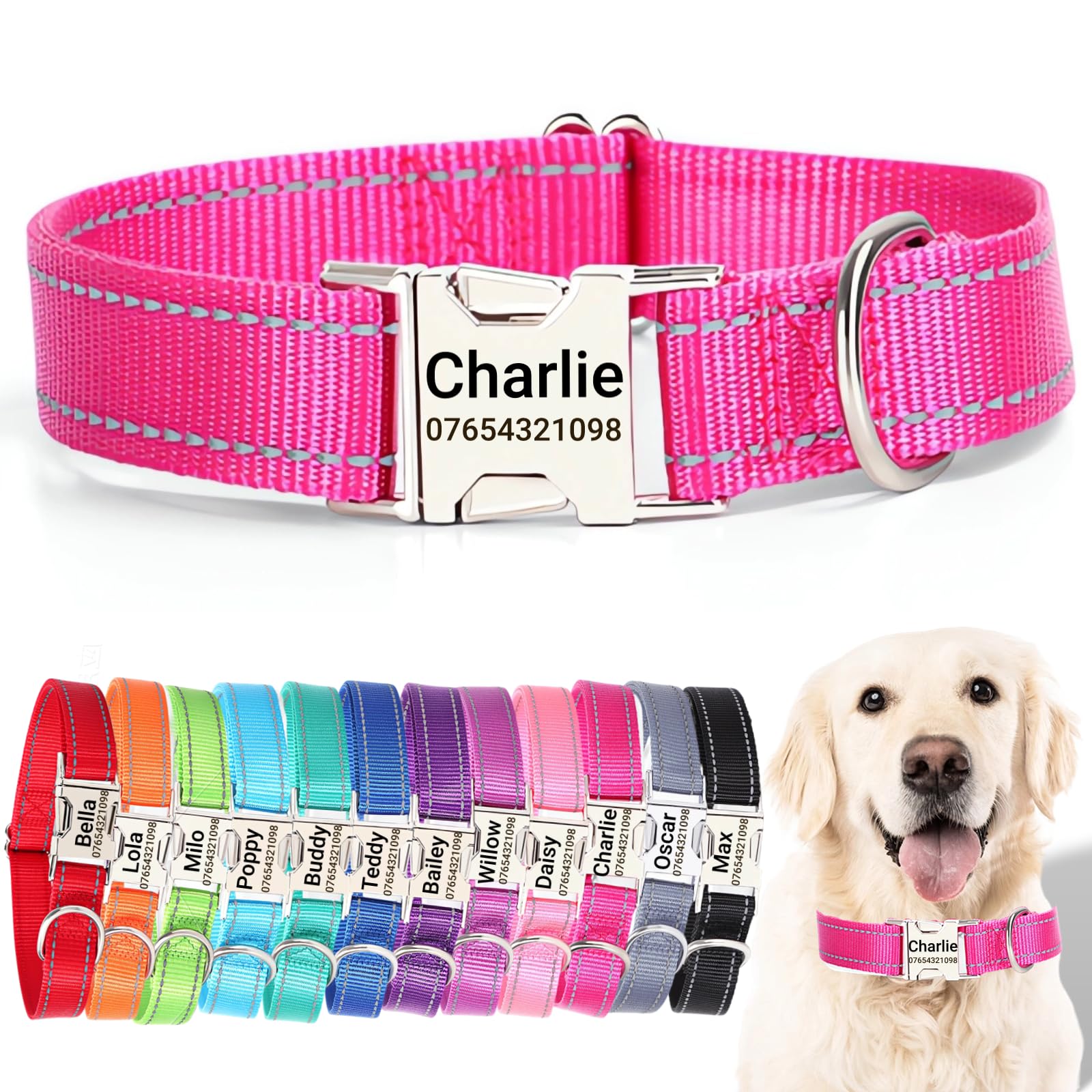 SEOUGEE Personalised Dog Collar with Engraved Metal Buckle, Reflective Nylon Collars for Small Medium Large Dogs with Custom Name Plate Phone Number (Rose Red, S:Neck 30-40cm,Width 1.5cm) — image 1
