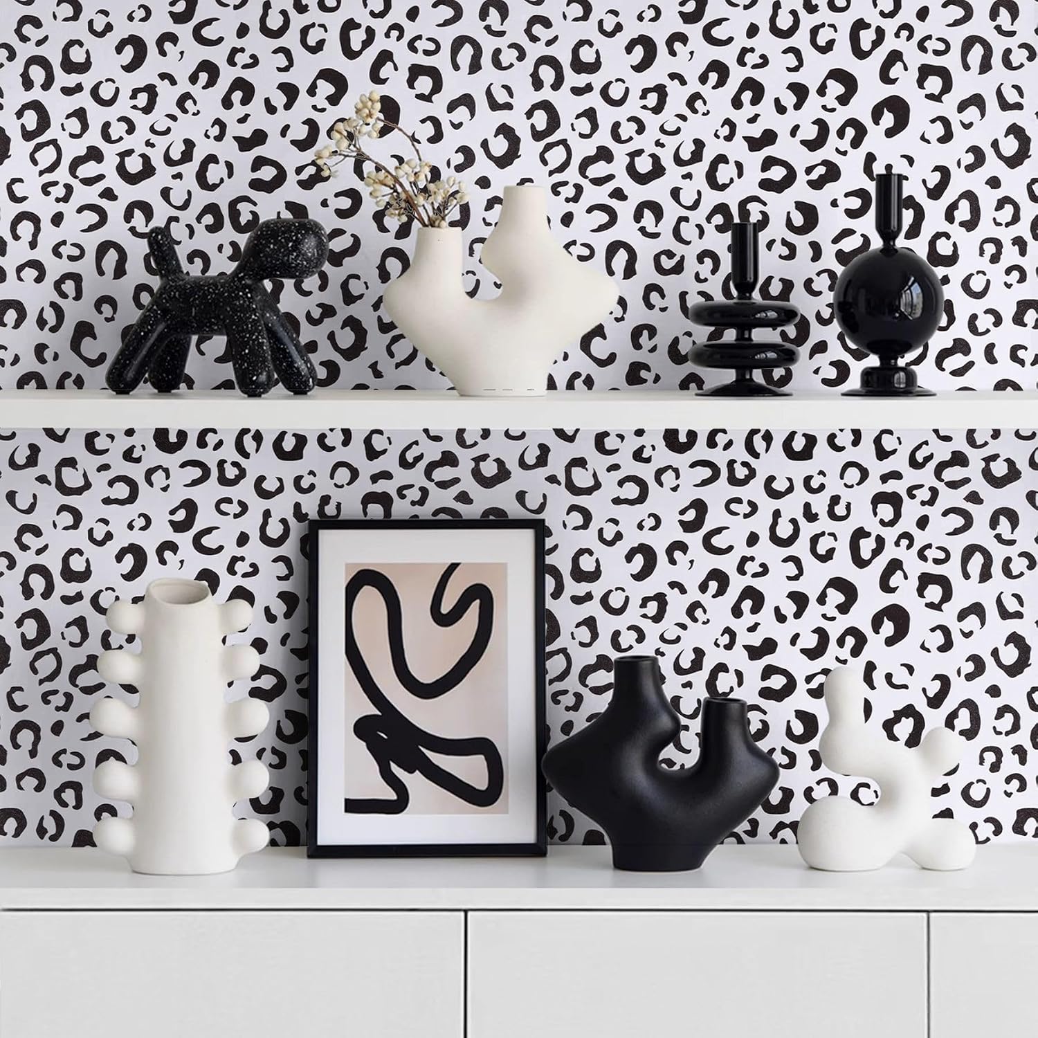 Black and White Cheetah Print Decor Wallpaper - Funky Unique Leopard Textured Peel and Stick Wallpaper - Self Adhesive Renter Friendly Fun Wall Contact Vinyl Paper for Bathroom Bedroom 17.3" X 118"