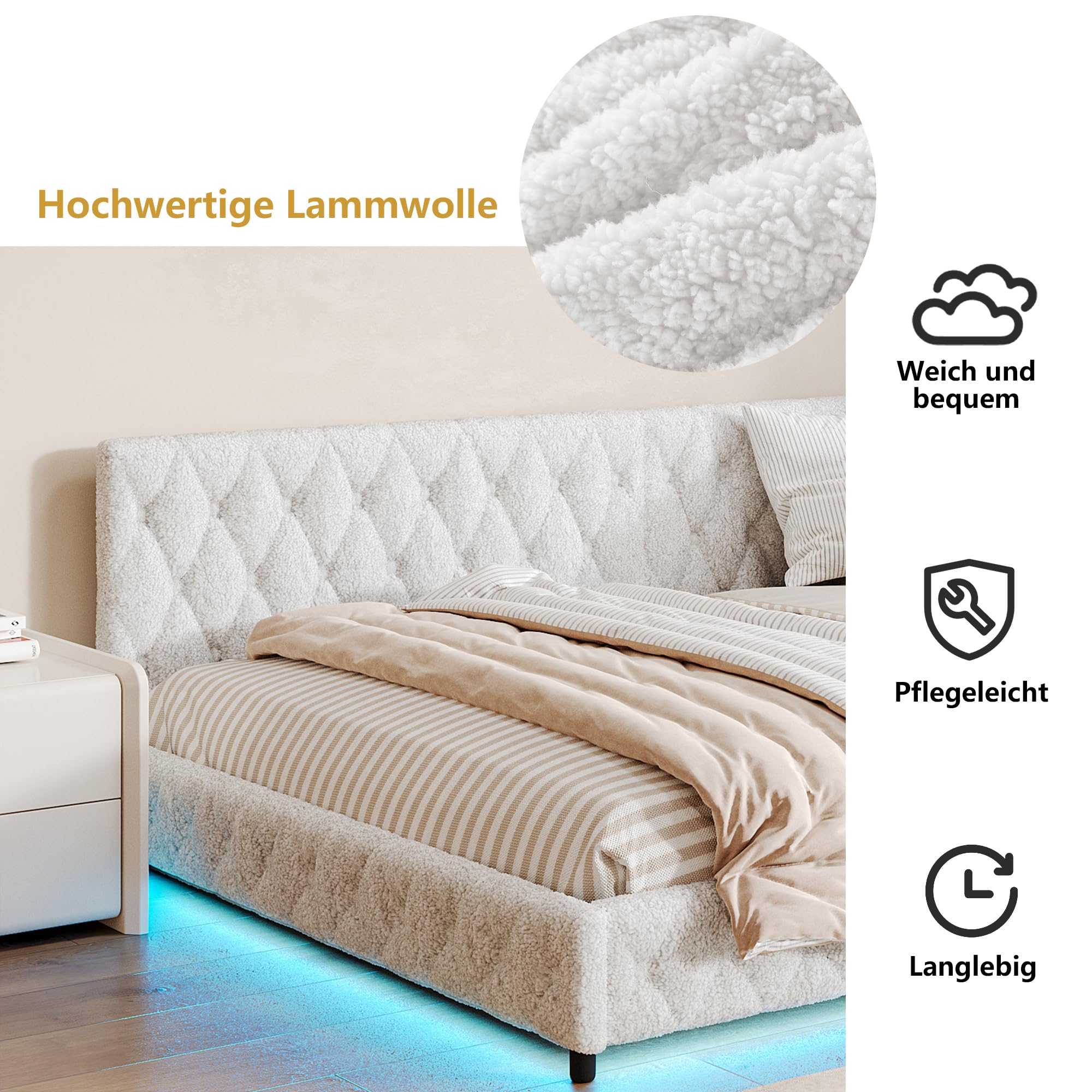 Polsterbett Schlafsofa 140x200 cm mit LED-Beleuchtung und USB-Anschluss, Bettgestell mit Lattenrost & Kopfteil, Multifunktionales Tagesbett Daybett Jugendbett für Gäste und Wohnzimmer(Typ B+ Beige)