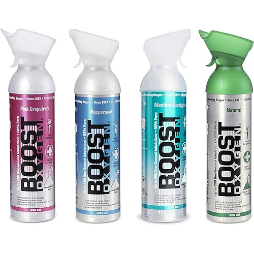 Boost Oxygen 10 Liter Canister Large All Natural Oxygen Boost Variety Pack for High Altitudes, Athletes, and More, Multicolor (4 Pack)