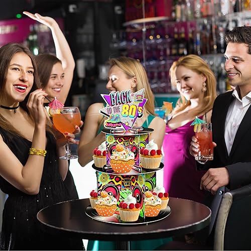 Miniatura 5 de Zopeal Soporte para cupcakes de 3 niveles de los 80, decoración de fiesta, retro, de los años 80, hip hop, soporte para tartas de regreso a los 80,