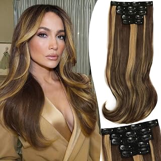 ALXNAN Clip in Hair Extensions,Thick Long Straight Layered Chocolate Brown Mix Caramel Blonde 20 Inch Soft Lace Weft Hair Extensions for Women