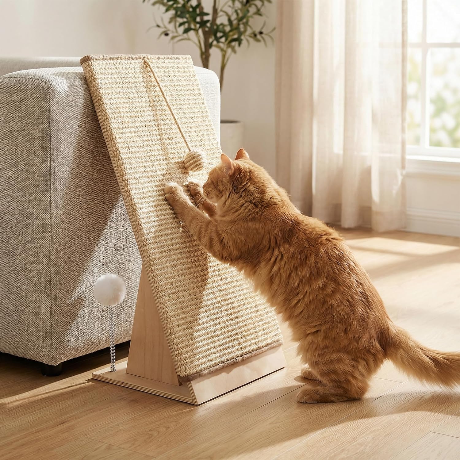 Cat Scratcher, 25.6" Wooden Sisal Angled Scratching Ramp with Ball Toys, Heavy Duty Standing Cat Furniture Protector, L Shape Scratch Pad for Indoor Cats