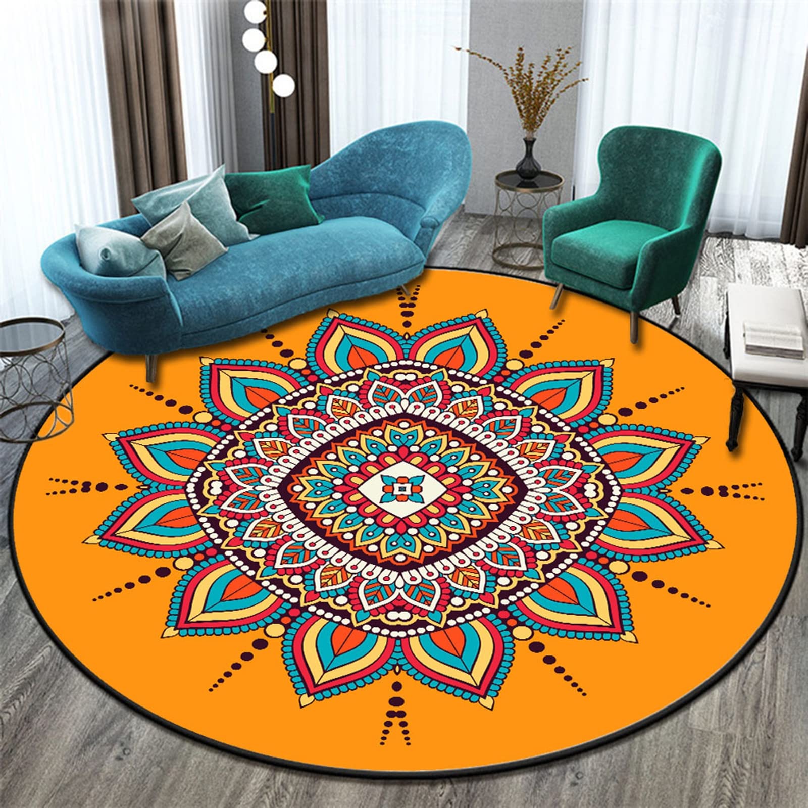 Tapis Rond Salon, Antidérapant Vintage Tapis Boheme Chic, Lavable Tapis Ethnique pour Chambre à Coucher, Couloir, Salon, Table Basse,K,200cm