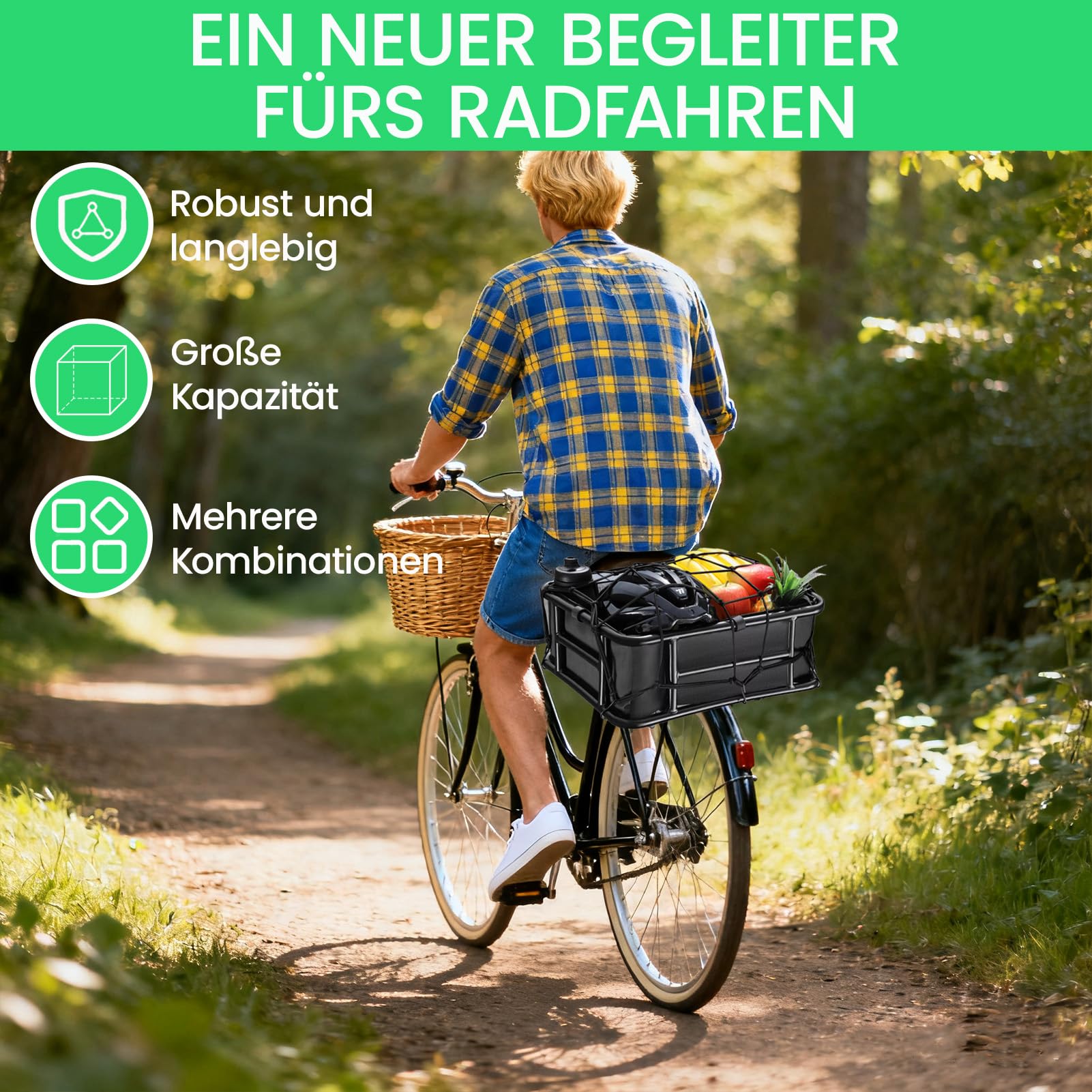 Fahrradkorb Hinten, Großer Gepäckträger Korb mit Netz, Einsatz & Wasserdichter Abdeckung, Robuster Fahrradkorb für E-Bike & normales Fahrrad