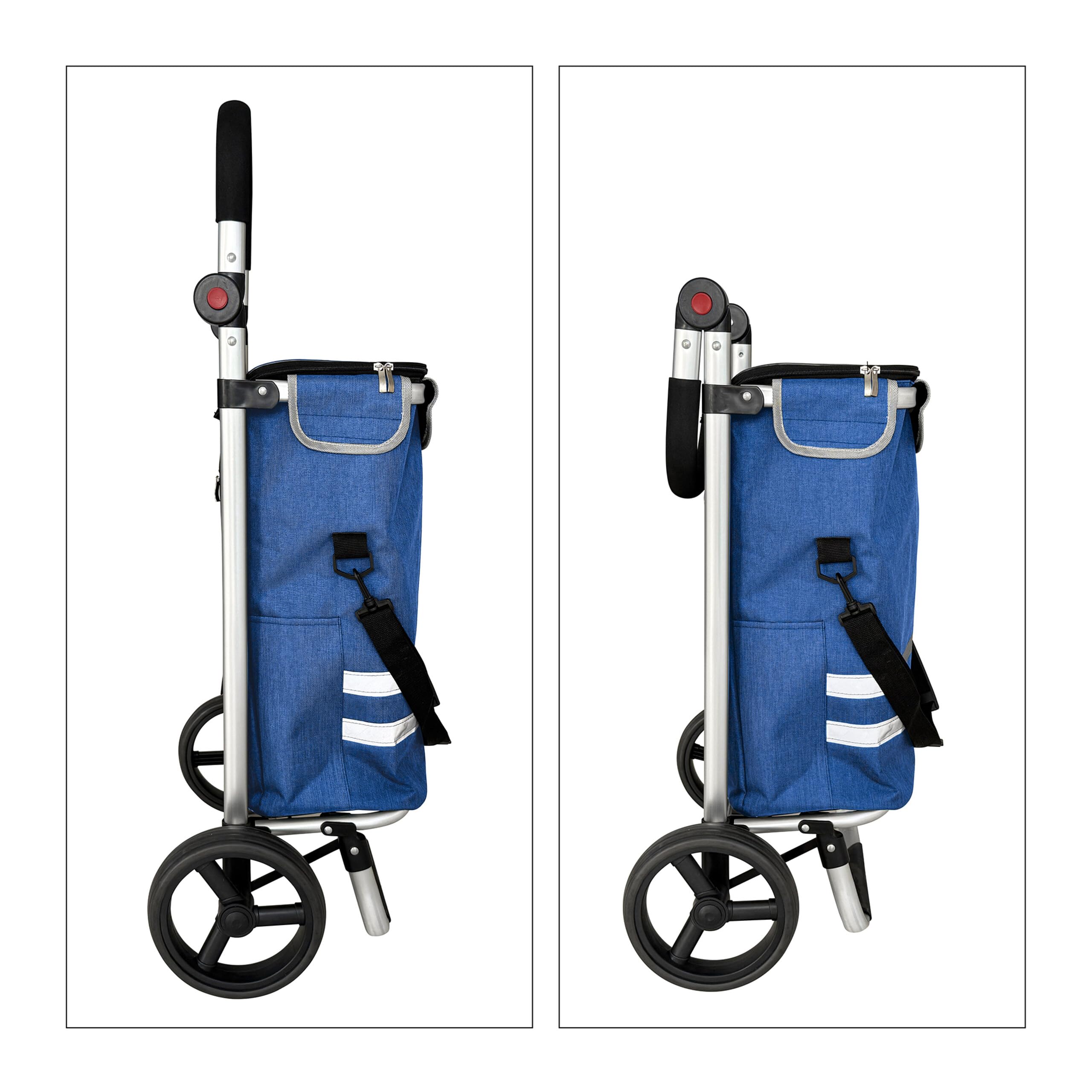 Carrello della Spesa Relaxdays, 2 Ruote Grandi, Tasca Termica, Borsa Rimovibile, 45 l, Fino a 35 kg, Pieghevole, Blu
