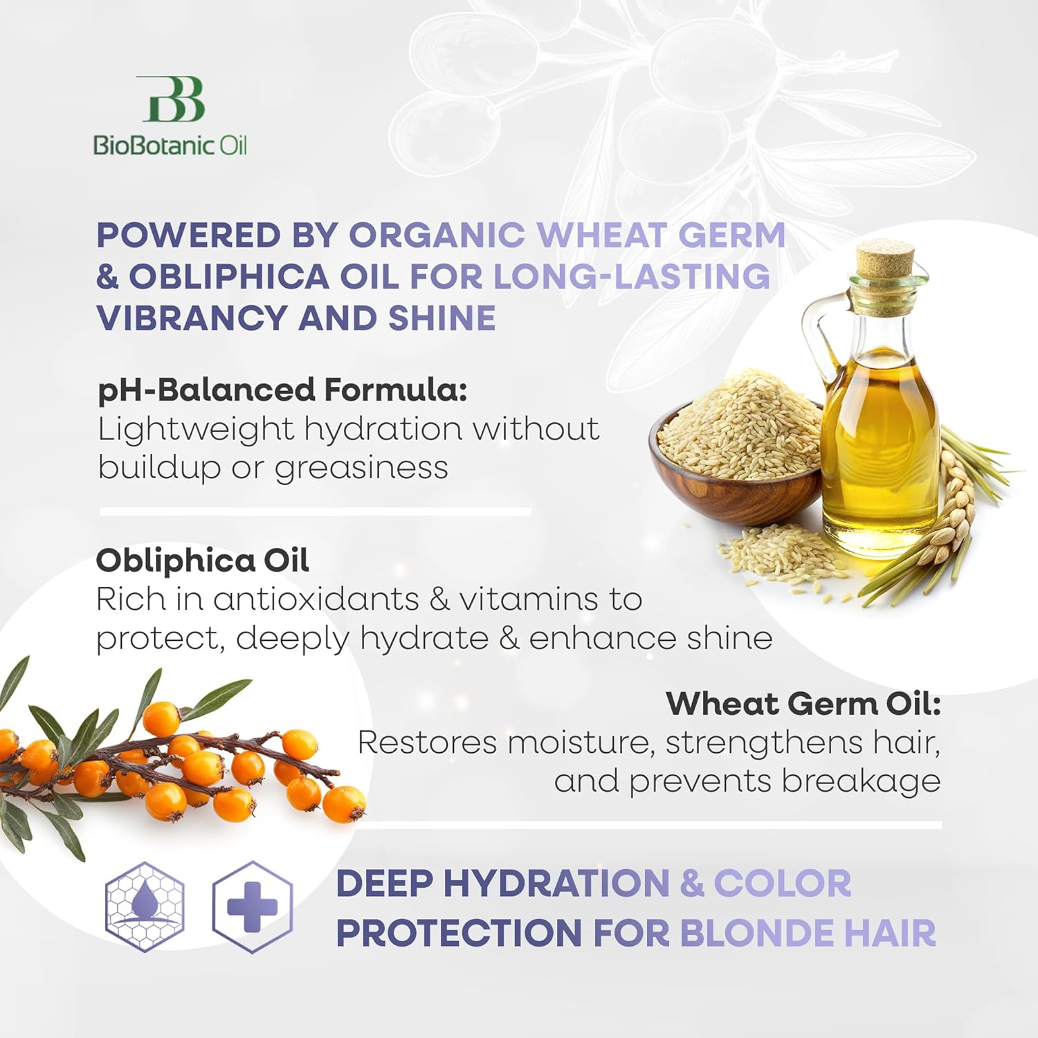 Bio Botanic Oil Hair Mask for Blonde & Bleached Hair | Deep Hydration & Anti-Brass Treatment | Enriched with Organic Wheat Germ & Obliphica Oil | Blue Pigment Formula | SLS-Free, Paraben-Free | 250ml - Image 3