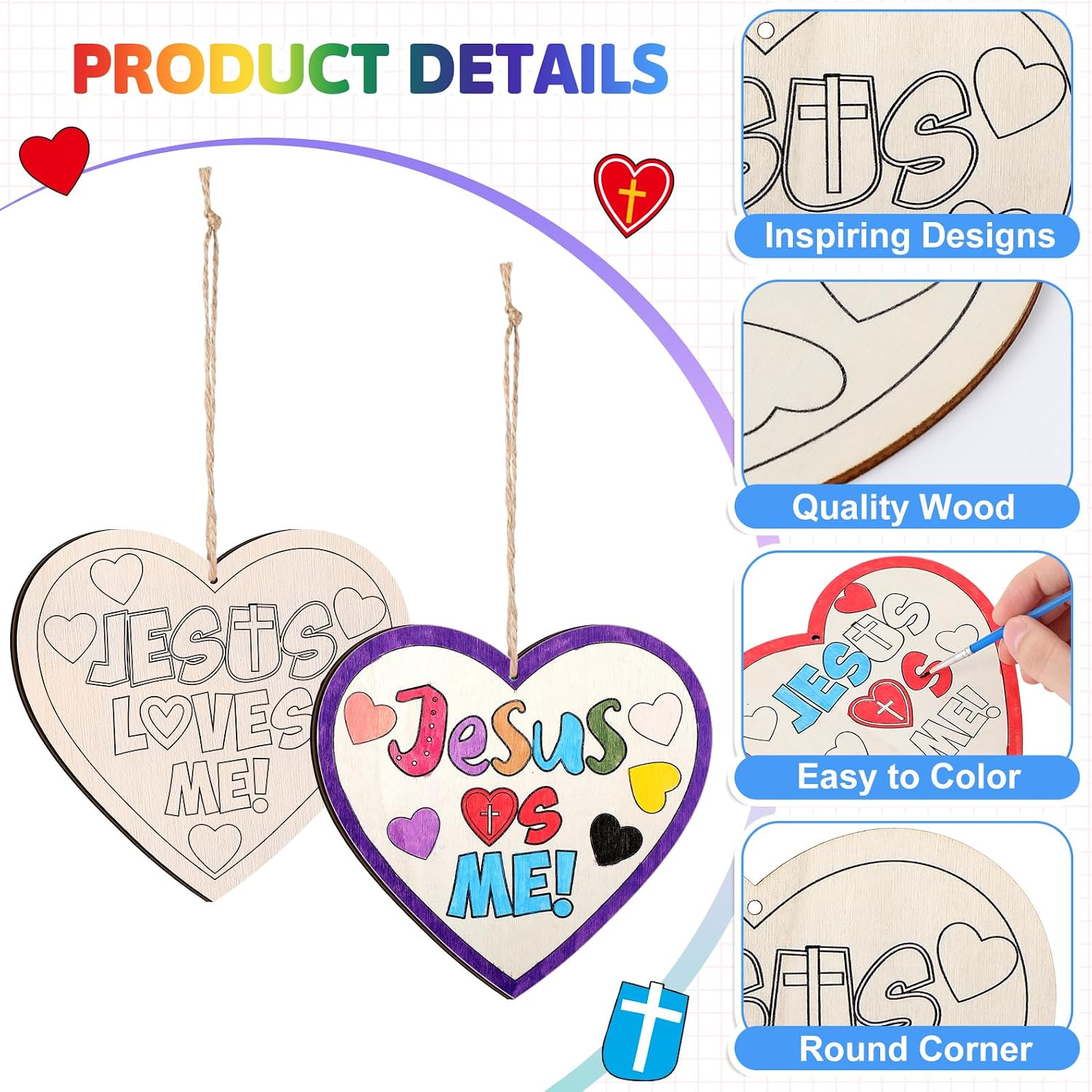 12 Sets Easter Christian Crafts Jesus Loves Me Wood Craft Religious Wooden Heart DIY Activities for Easter Sunday School VBS DIY Gift Activity