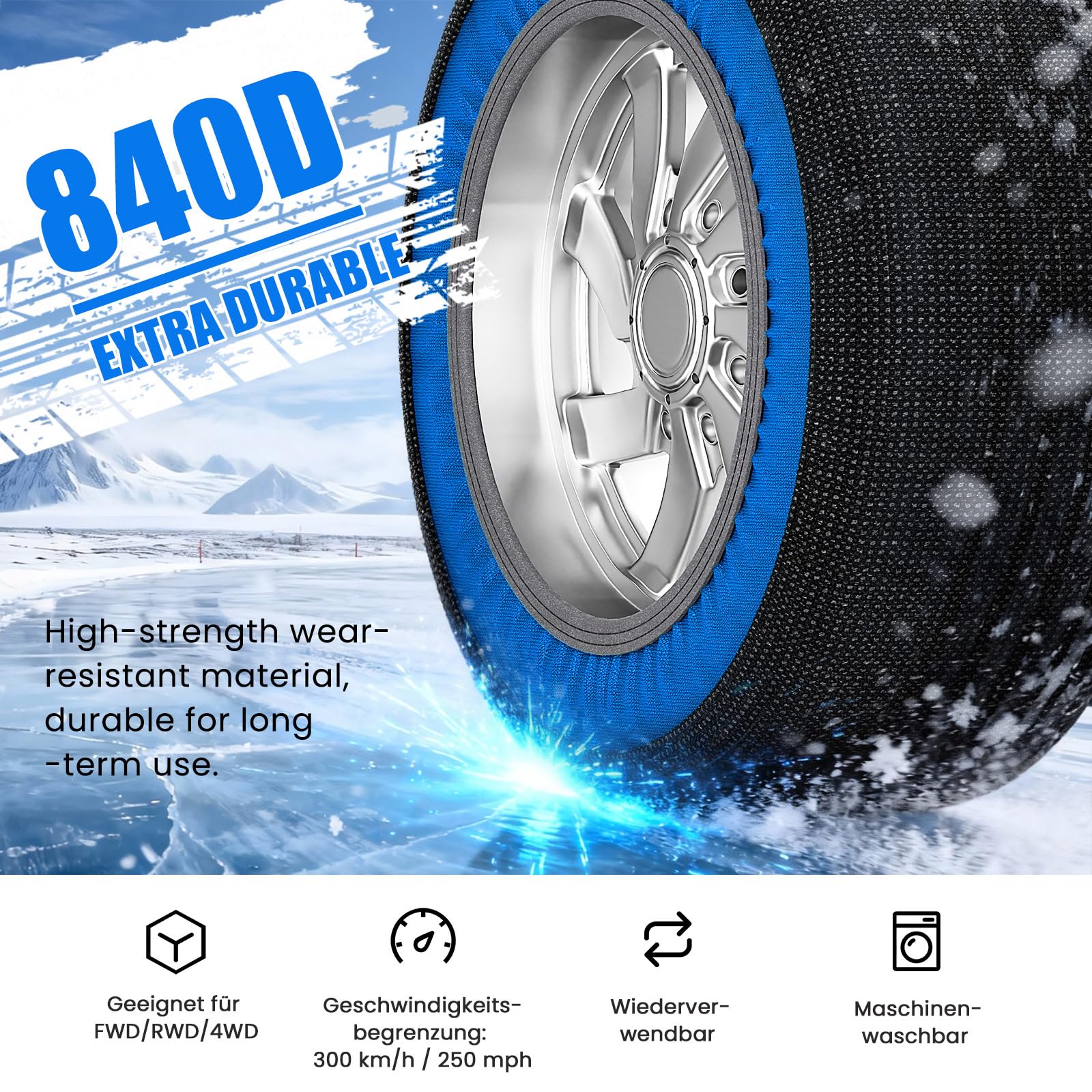 Lot de 2 chaussettes à neige pour voiture - En textile - Pour pneus de taille R14-R24 - Excellente adhérence - Chaînes à neige textile avec gants et sac de rangement pour les routes difficiles