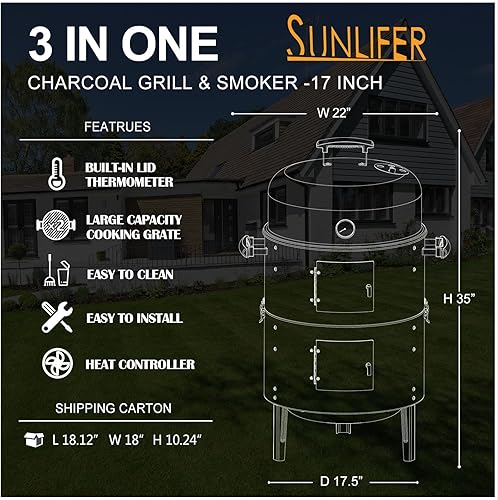 Miniatura 3 de Parrilla de barbacoa de carbón, resistente 3 en 1, parrilla ahumadora para jardín, camping, cocina al aire libre y parrilla