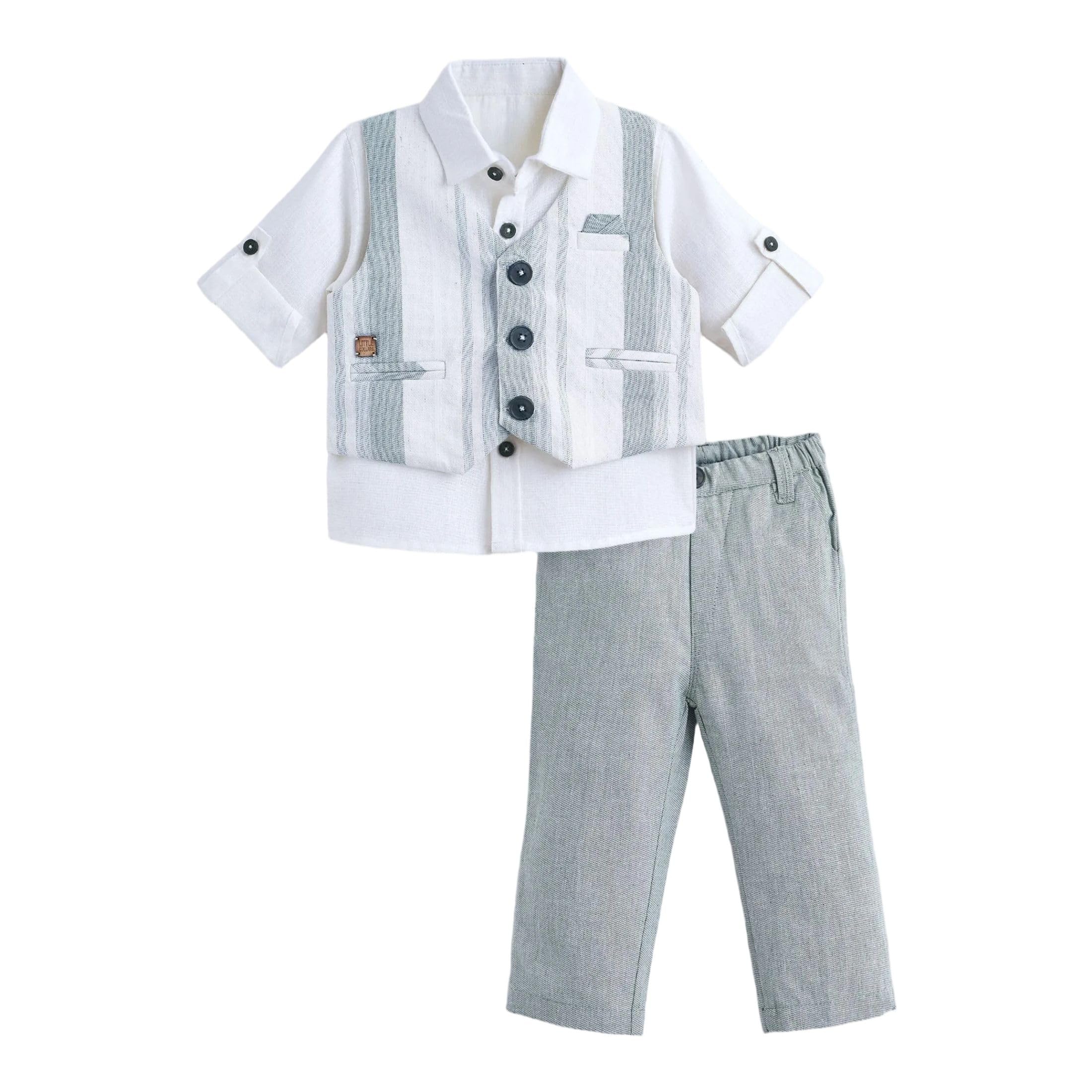 Boys Striped Roll Up Sleeves Formal Set in White Color-image-47