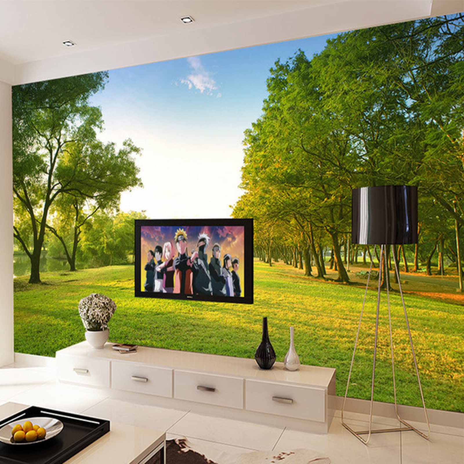 Autocollant mural motif grand arbre vert herbe nuages ciel pour chambre d'enfant, chambre d'enfant, décoration d'intérieur 350 x 245 cm