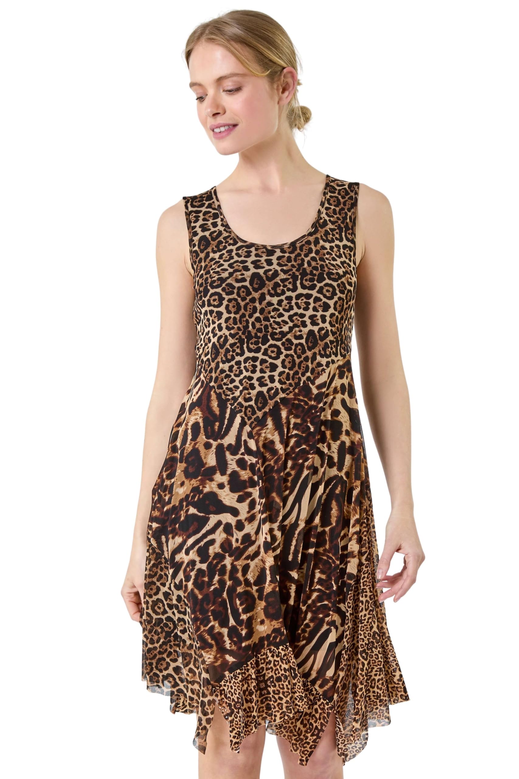 Roman Originals Animal Print Stretch Mesh Dress for Women UK - Ladies Everyday Holiday Spring Summer Round Neckline Comfy Soft Evening Vacation Work Party - Camel - Size 10