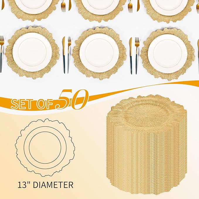 50 Platos Cargadores Redondos Plástico 33 cm Diseño Arrecife Coral Oro Fiestas miniatura 3