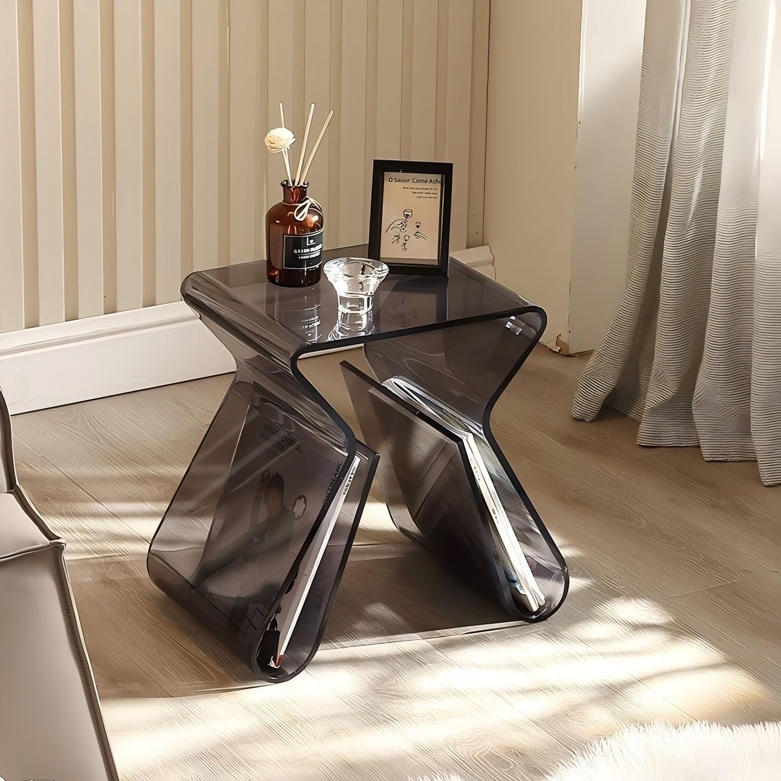SXZenSpace Acrylic Side Table Geometry Nightstand End Transparent Coffee for Living Room & Office Space Saver(Gray)