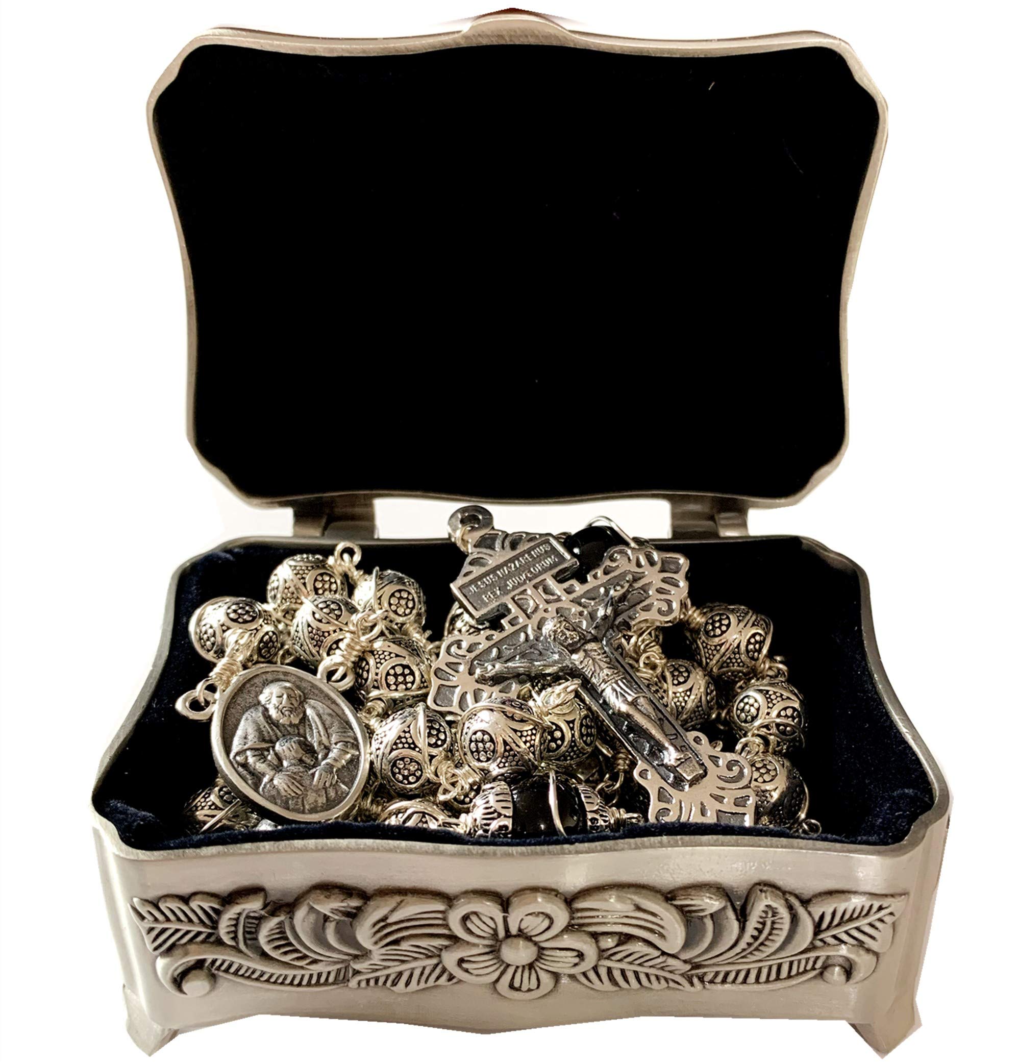 Rare Bali Sterling 925 Silver Beads Mens Womens Rosary Cross Gift Necklace box case