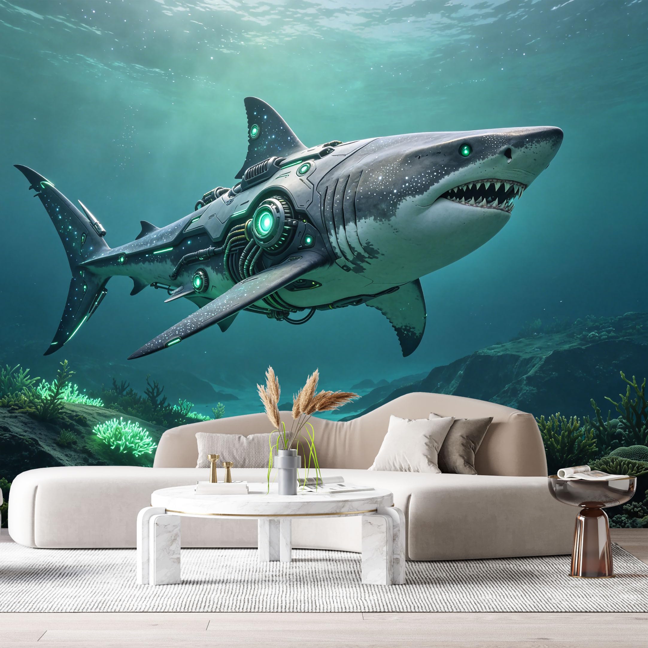 Custom Size Wall Mural Cyber Shark Mechanical Ocean Futuristic SciFi Marine Armor SelfAdhesive Art Prints Removable Large Wallpaper Esports Room Game Room Tenant Room Studio
