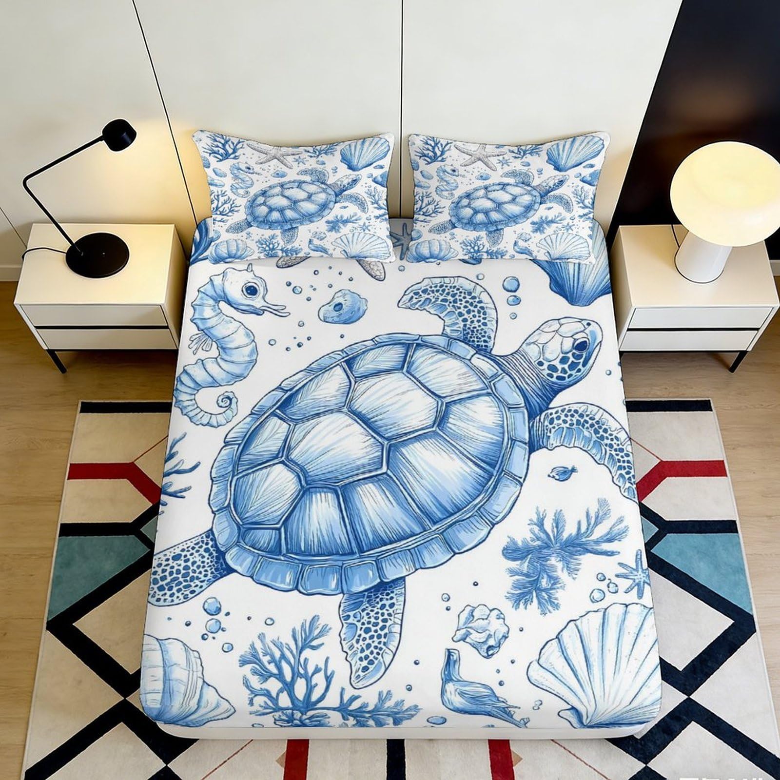 3D Printed Ocean Turtle Fitted Sheet Microfiber Soft Blue Sea Life Mattress Cover Non Slip Machine Washable for Bedroom Dorm 140x200x25cm