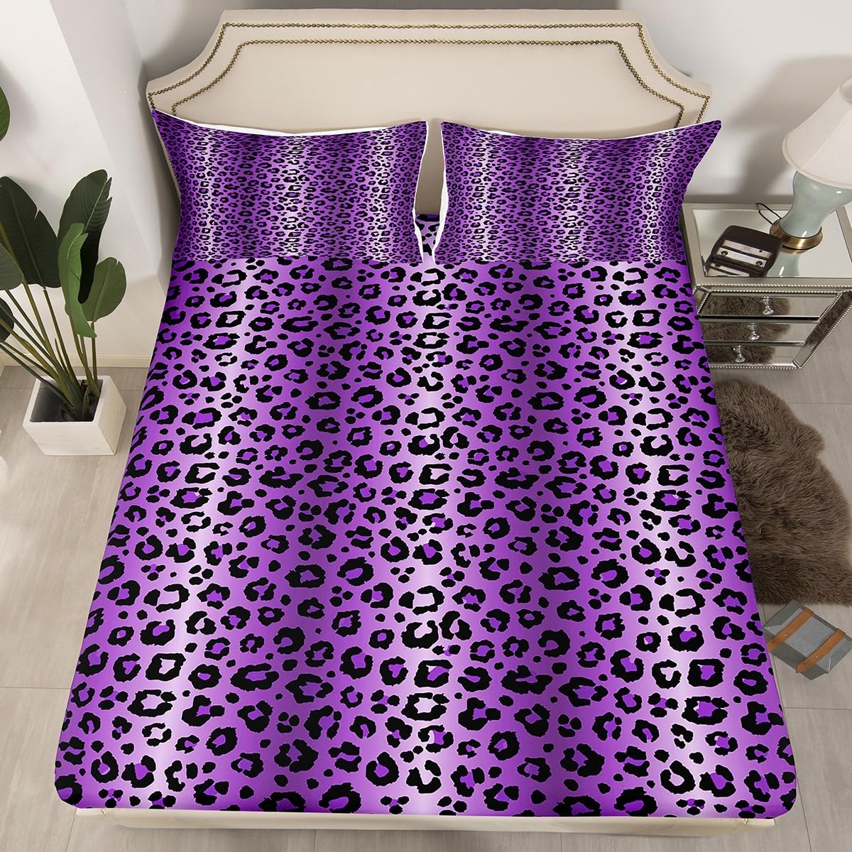 Homemissing Purple Black Cheetah Bed Sheet Set Double Size, Boys Girls Leopard Fitted Sheet Safari Animal Print Bedding Set Toddler Wildlife Bed Cover 3Pcs (No TOP Sheet)