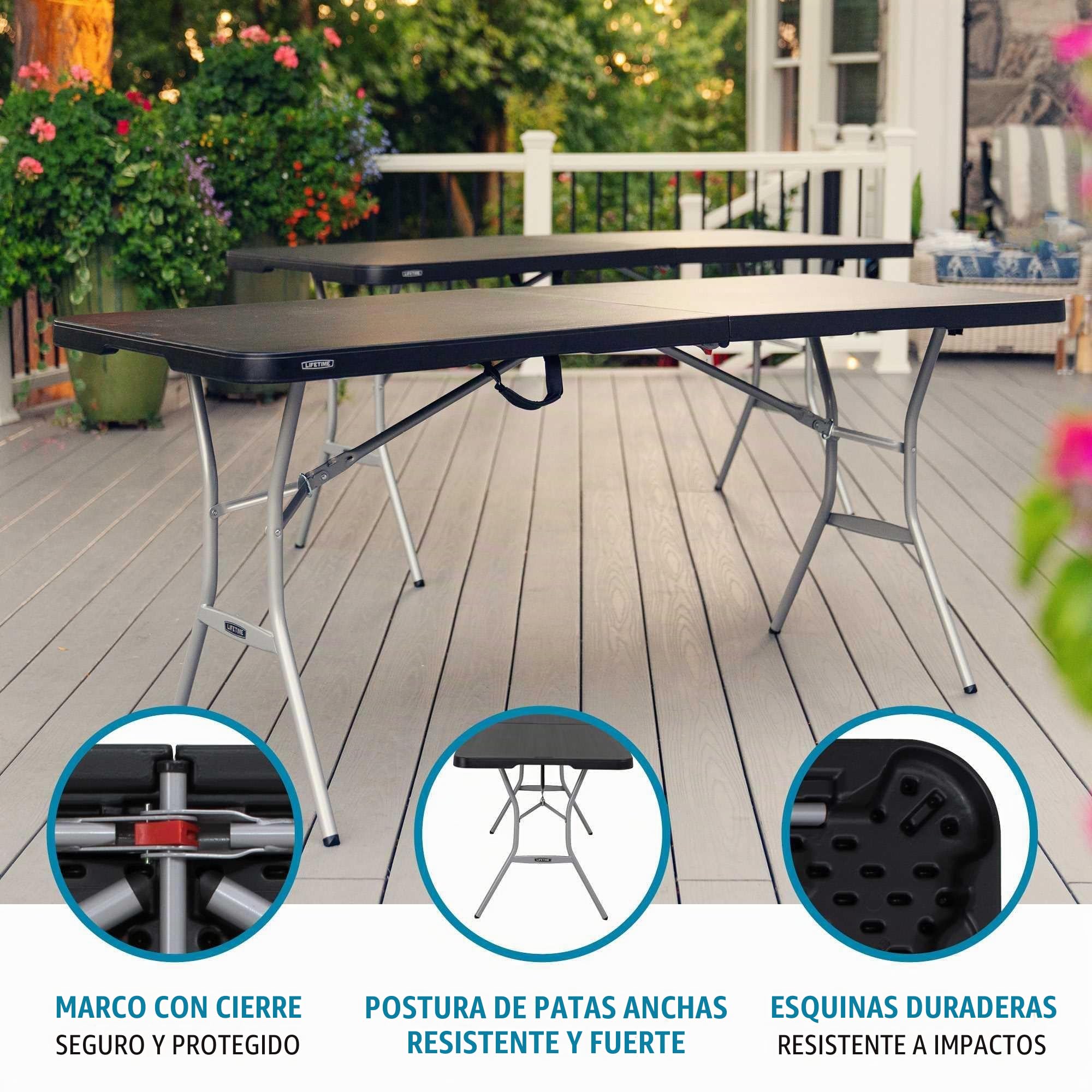 LIFETIME Mesa Rectangular Plegable 183x76x73 cm, Tablero de Polietileno HDPE Negro, Estructura de Acero, Bloqueo de Seguridad, Resistente a la Intemperie y Golpes, Uso Interior y Exterior (92126)