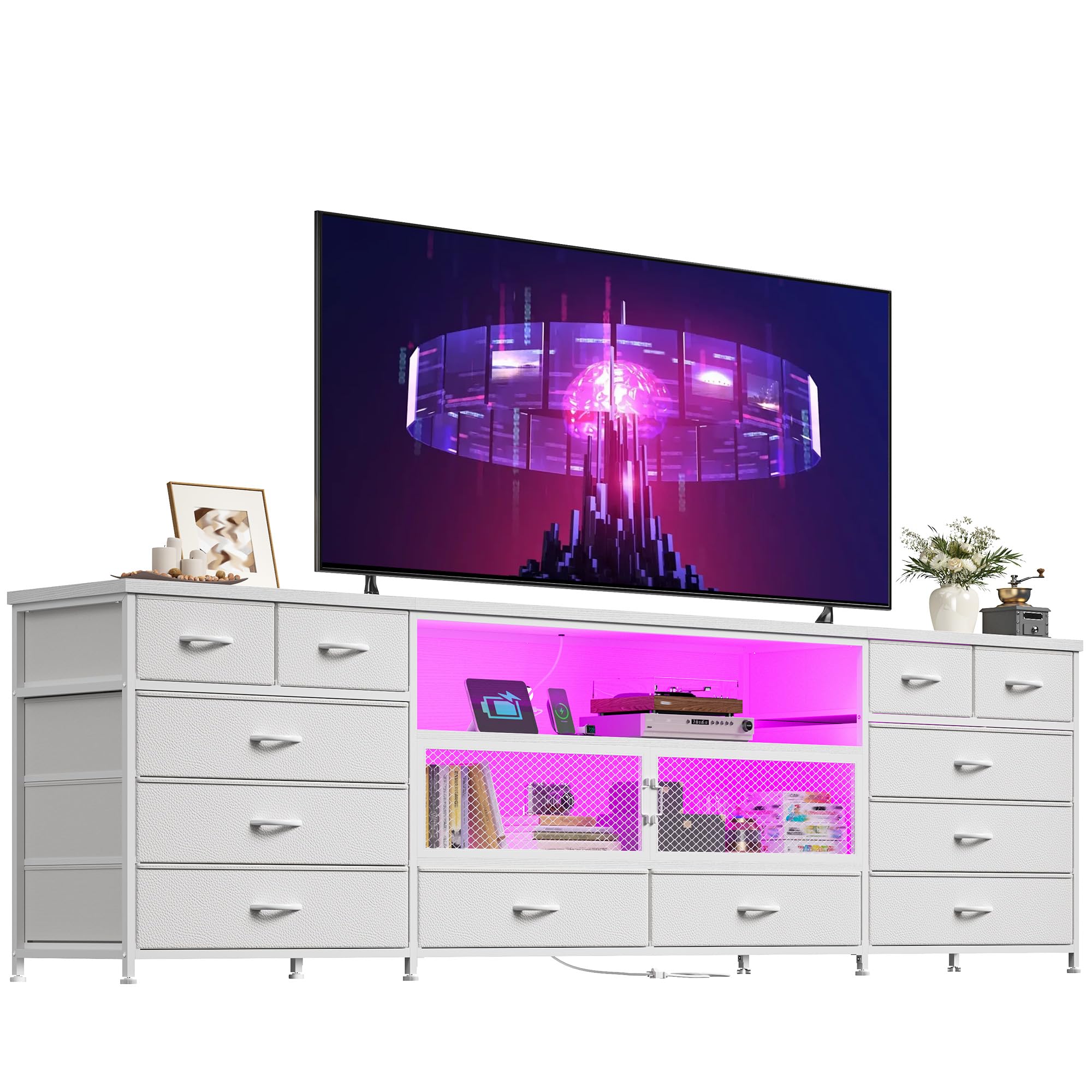 EnHomee 71 inch White TV Stand with LED Lights and Drawers