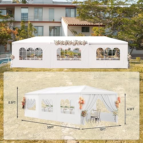 Miniatura 4 de Tienda de campaña para fiestas al aire libre, 10 x 30 pulgadas, carpas blancas para fiestas, toldo resistente, refugio de cenador con 8 paredes