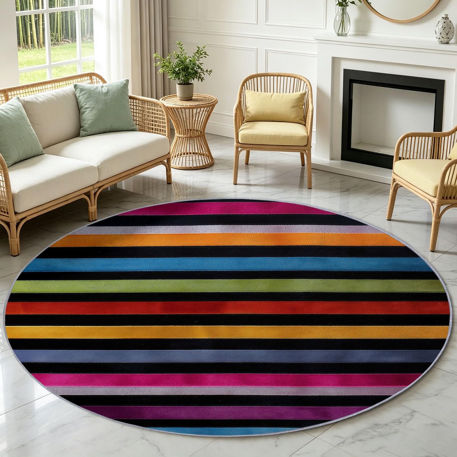 Tapis Chambre Enfant Fille Garçon Rond Ø 160 cm Pop Couleurs Contrastées Tapis de Sol Décoration Antidérapant - Doux Rampant pour Salon Cuisine Table Basse Table de chevet, Rayure Arc‑En‑Ciel