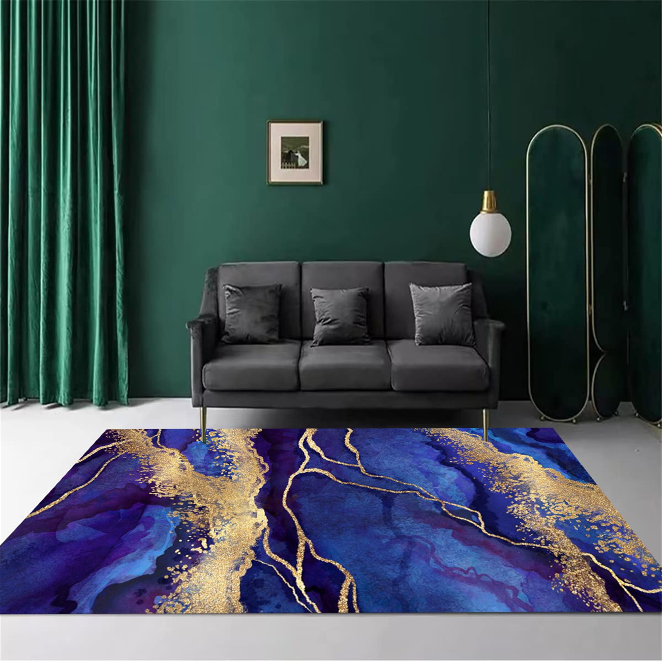 AOESELN 180x300cm Living Room Marble Area Rugs,Navy Blue Gold Non-Slip Machine Washable Rug,Soft and Comfortable Low Pile Thin Area Rug for Bedroom, Dining Room, Home Office Decoration