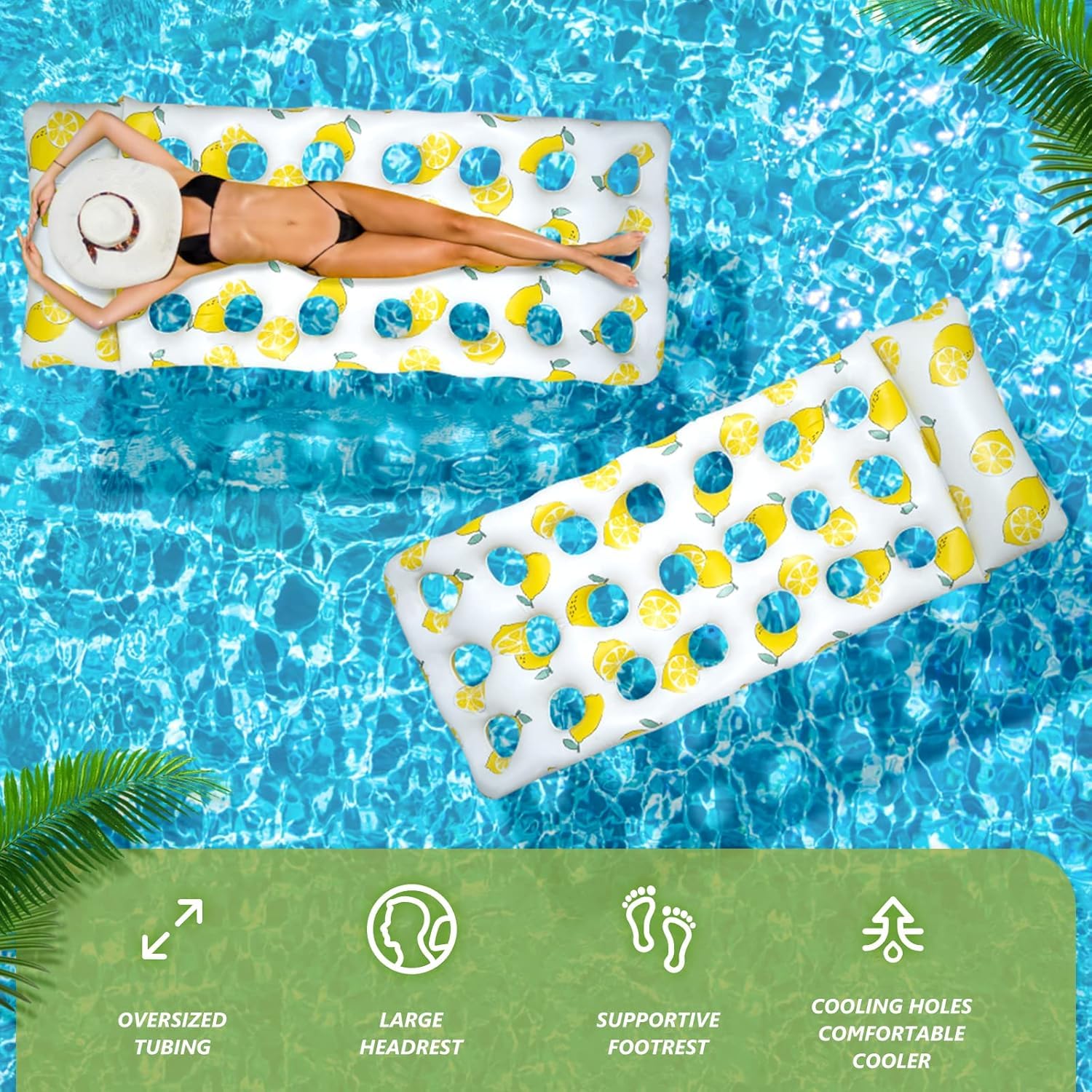 Jukusa Inflatable Lounger for Adults & Kids, Stylish Citrus Design with Cooling Hole, Floating Air Mattress for Swimming Pool, Beach & Summer Relaxation, Yellow 2
