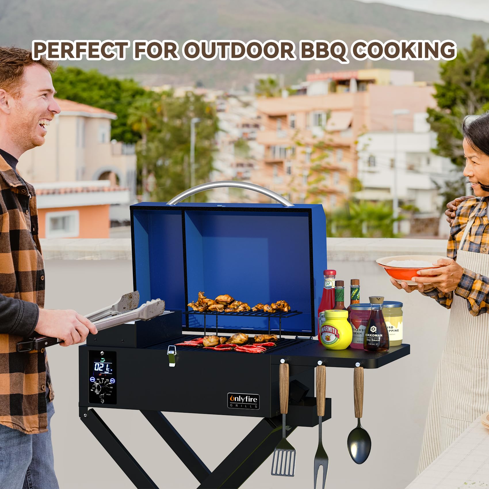 onlyfire Grill na pellet Smoker ze stolikiem pomocniczym i składanym wózkiem, wielofunkcyjny grill na pellet, wędzarnia z automatyczną regulacją temperatury i sondą do mięsa, grill na węgiel drzewny,
