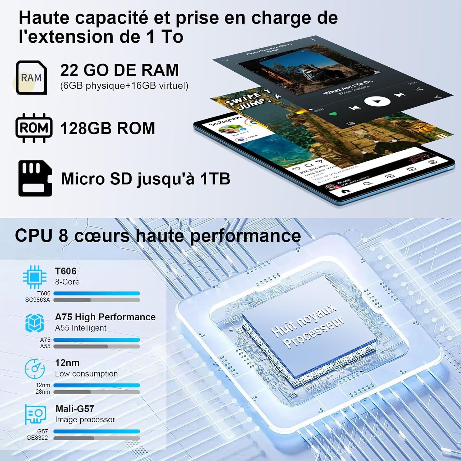 fezawio Tablette Tactile 10 Pouces Android 14, 22Go RAM+128Go ROM(Extensible 1To)|5MP+8MP|5G Wi-FI|Certifié Widevine L1|Processeur Octa-Core|8000mAh|Clavier+Souris+Coque de Protection Inclus (Bleu)