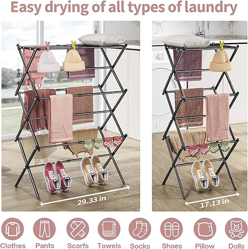 Miniatura 2 de APEXCHASER Estante de Secado de Ropa, Estante de Secado de 3 Niveles para Ropa, Secador de Ropa Metálico Expandible, Estante de Toallas Plegable,