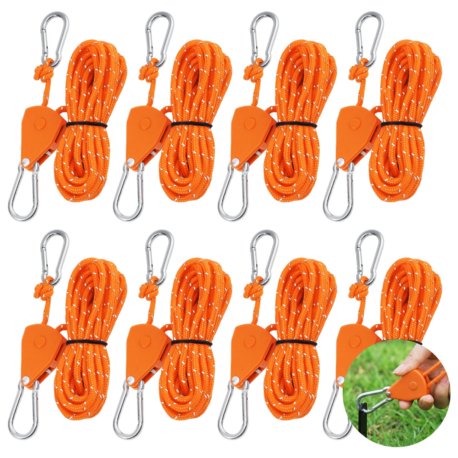 8 Stück Flaschenzug mit Seilbremse, 4m Seilratsche Einstellbar Abspannseile φ 4mm Seilspanner mit Karabiner für Camping Zelte