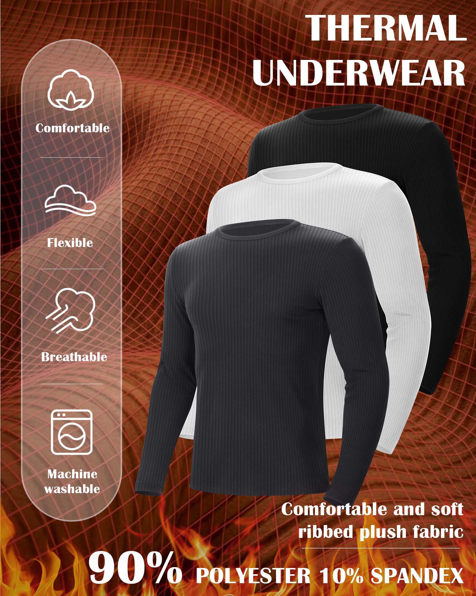 Riyiper Pack de 3 Camisetas Térmicas Acanaladas para Hombre Cuello Redondo Manga Larga Camiseta Interior Ajustada de Invierno