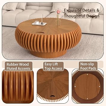80 cm Round Coffee Table with Storage, Brown
