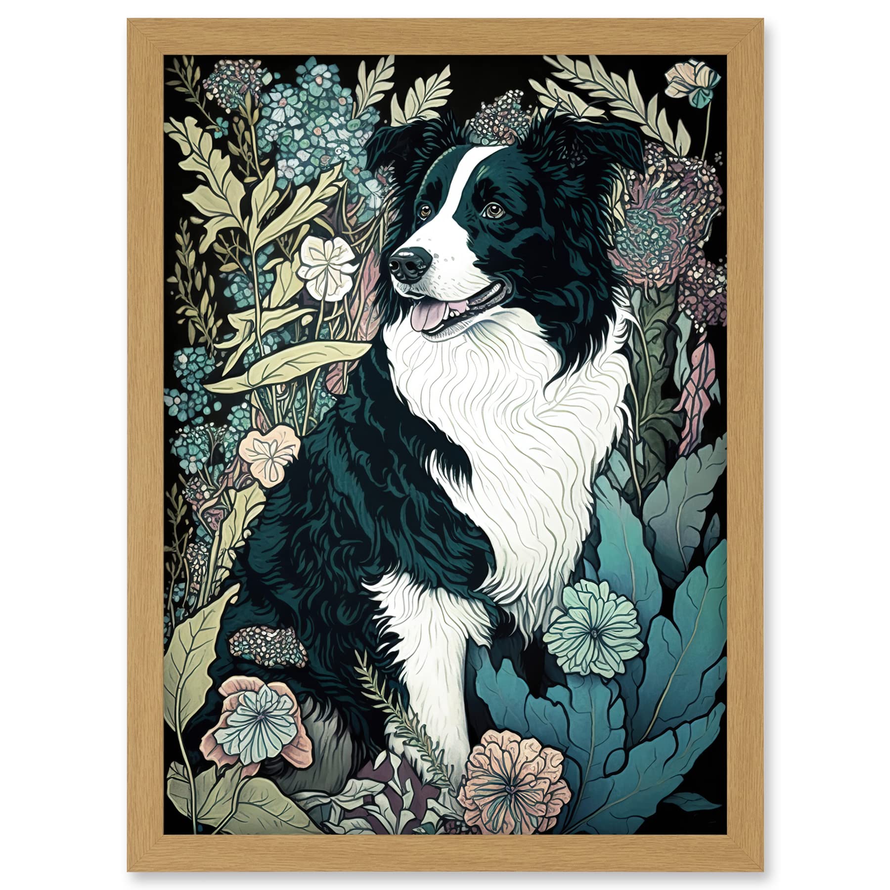 Artery8 Border Collie Dog in Wildflower Field Modern Illustration Artwork Framed A3 Wall Art Print