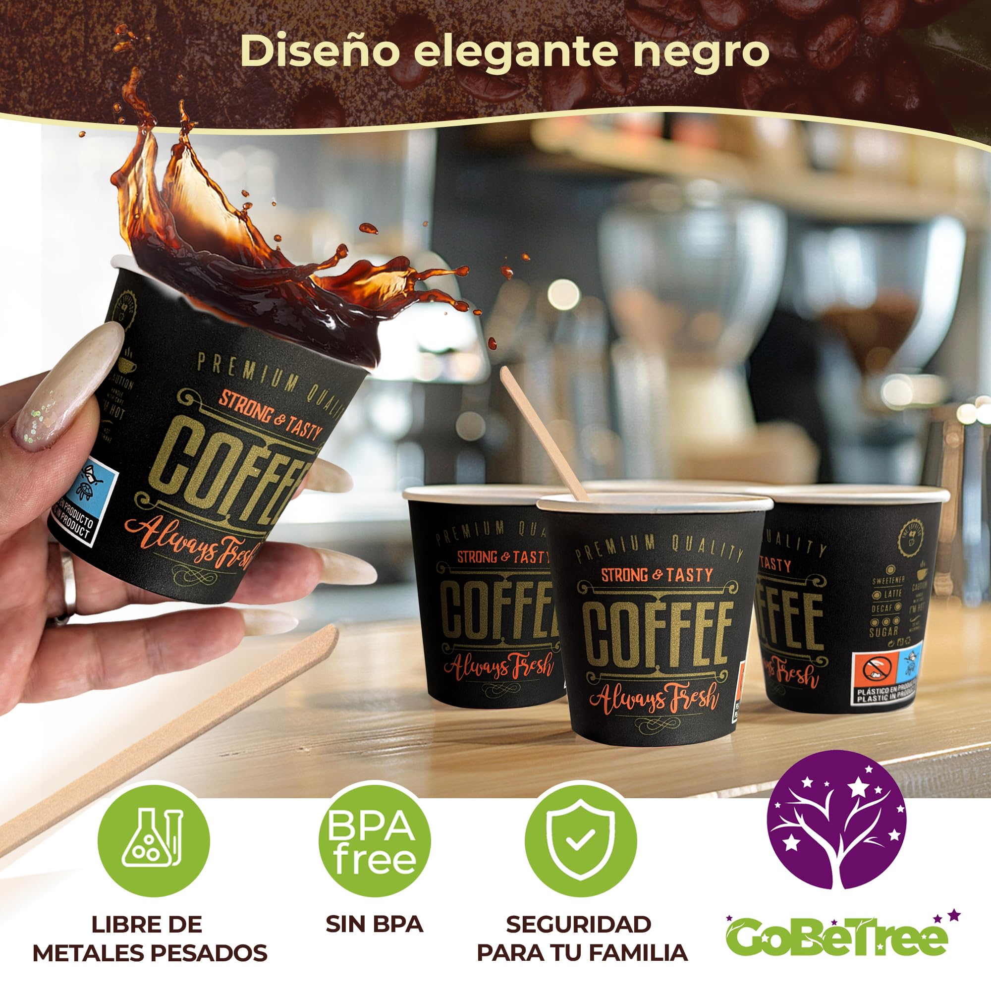 150 vasos desechables café de 120 ml, vasos de cartón desechables con paletinas de madera para café. Para bebidas frías y calientes