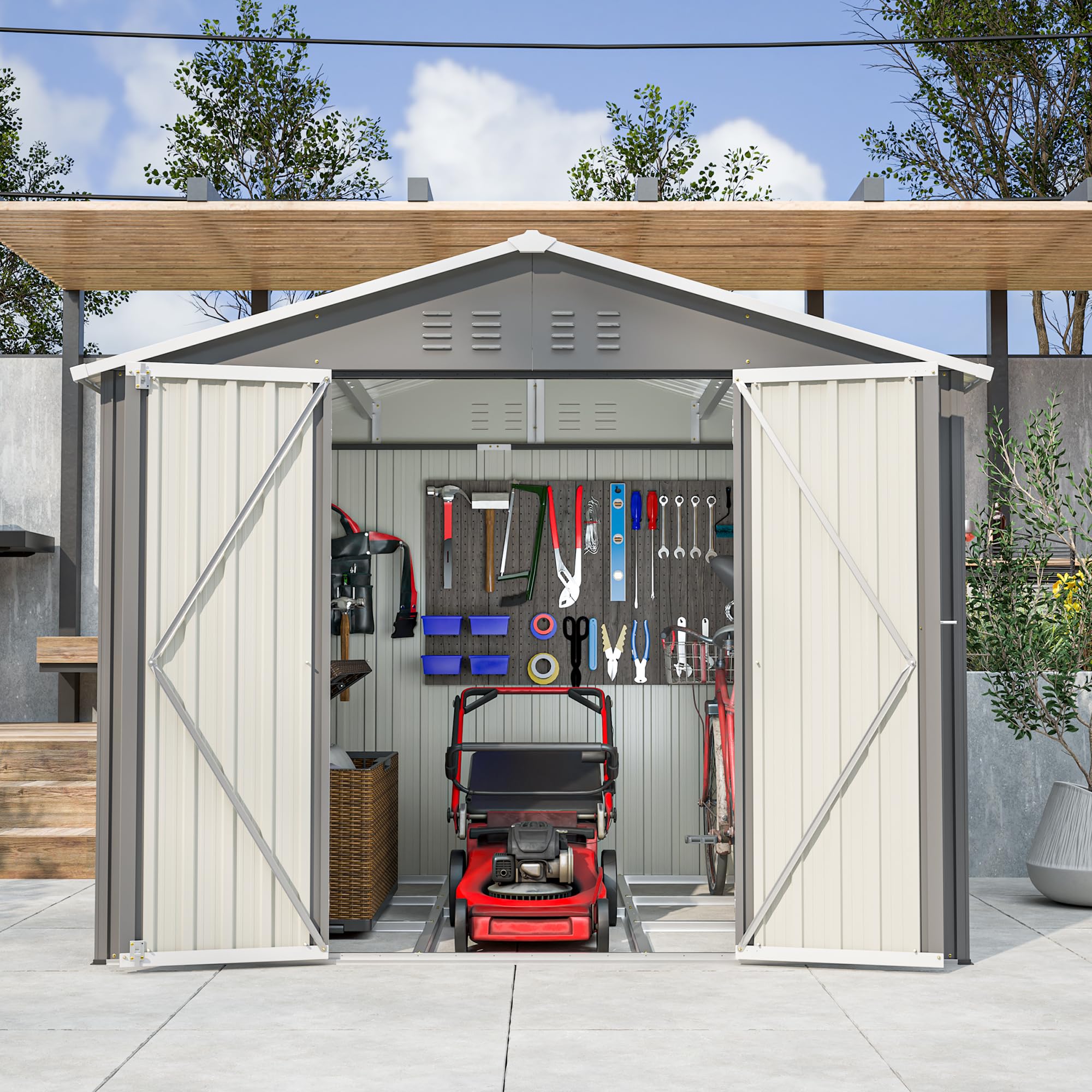 Thanaddo 8×6ft Gerätehaus Metall Groß Geräteschuppen 240x192x191 cm mit Fundamentrahmen, Wetterfest Gartenhaus mit Satteldach & Abschließbarer Tür, Gartenschuppen für Outdoor Garten Hinterhof, Grau