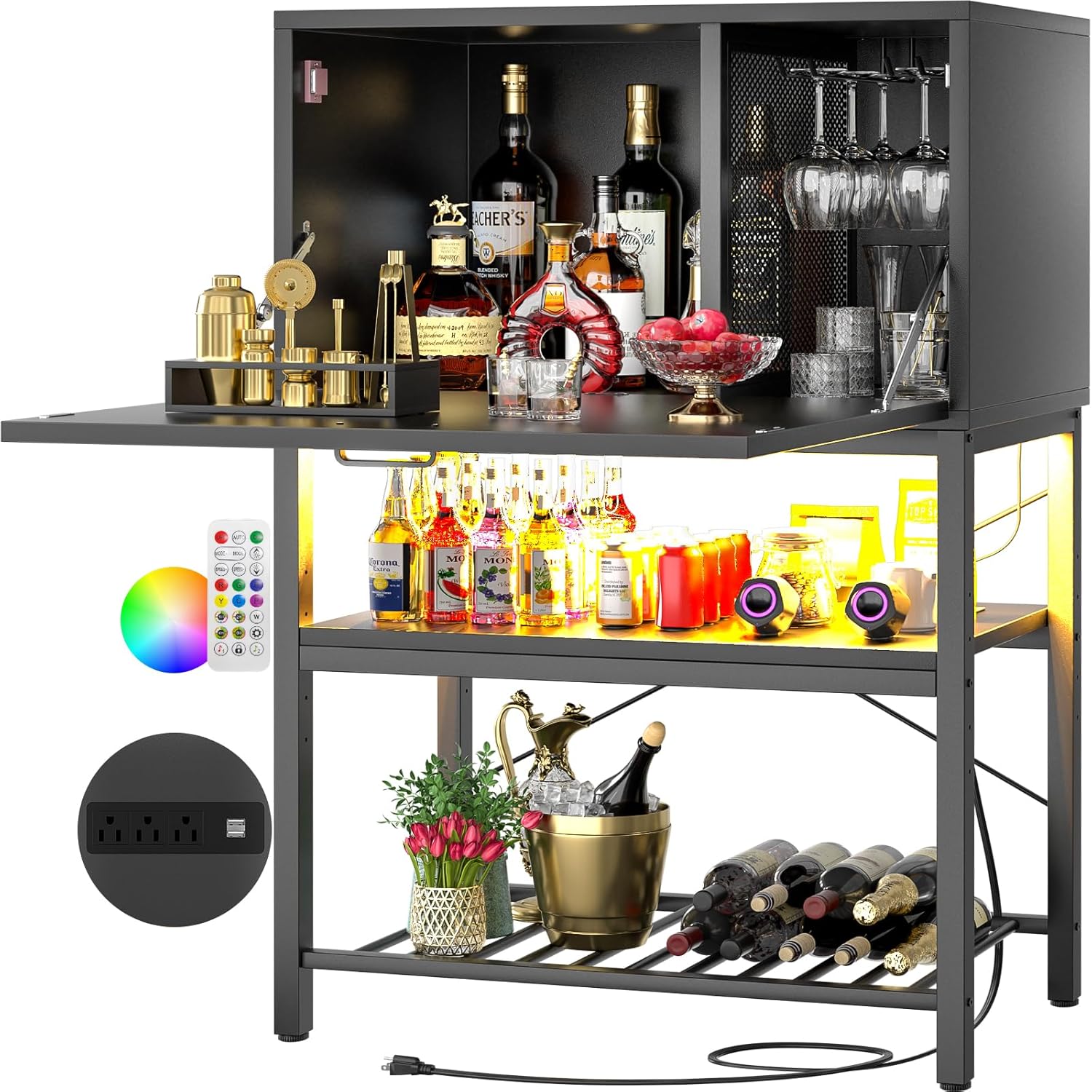 Cyclysio Flippable Bar Cabinet with LED & Power Outlets, 4-Tier Home Bar with Flippable Door, Tall Liquor Cabinet with Glass Holder & Wine Rack, Corner Wine Cabinet, Home, Kitchen, Dining Room, Black